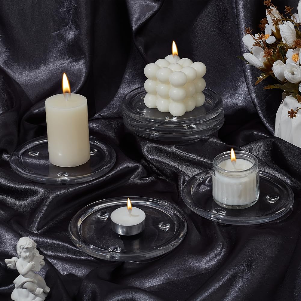 BENECREAT 6Pcs Clear Glass Candle Plates, 5.1 inch Flat Round Glass Candle Holders Tray Plates Holder for Candle Decoration, Dinning Wedding Party Table Centerpiece