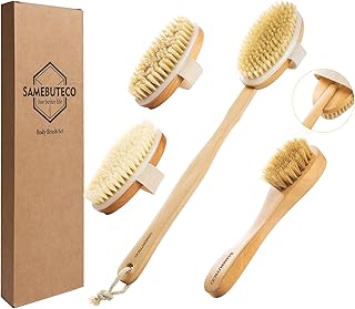 SAMEBUTECO Dry Brushing Body Brush Set with Slide-in Long Handle, 4-in-1 Wooden Bath Scrubber with Face Brush & 3 Interchangeable Heads (Boar Bristle, Soft Washer, Nodal Massager) for Exfoliating