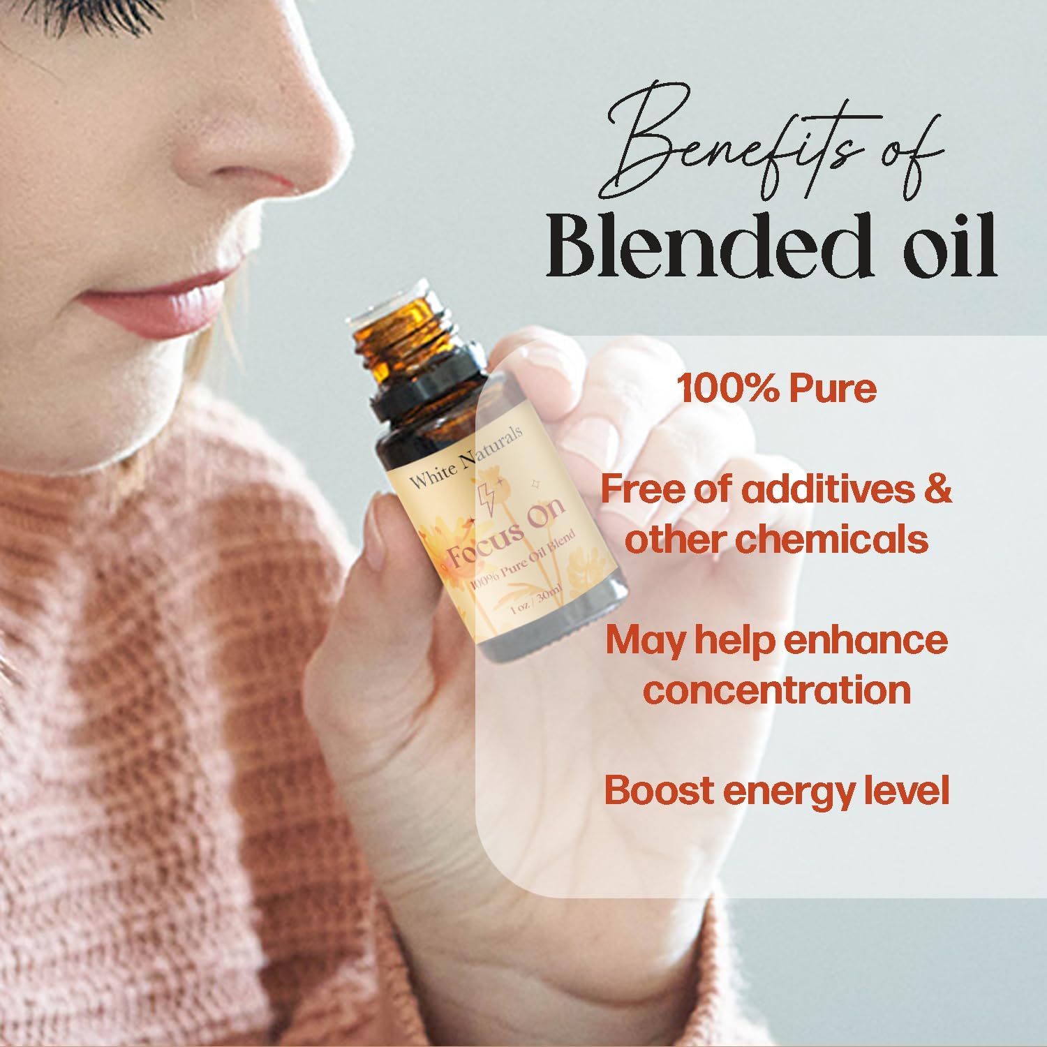 White Naturals Focus On Essential Oil Blend – Refreshing Aromatherapy Oil for Clarity & Attention, 100% Pure & Natural Essential Oils for Productivity, 1oz
