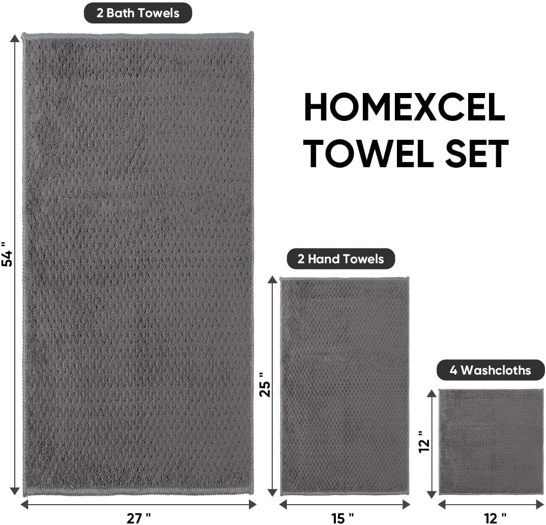 HOMEXCEL 8 Piece Bath Towel Set, Microfiber Bathroom Towel - 2 Bath Towels, 2 Hand Towels, and 4 Wash Cloths, Super Soft, Highly Absorbent Towels for Bathroom, Gym, Hotel, and Spa (Grey)