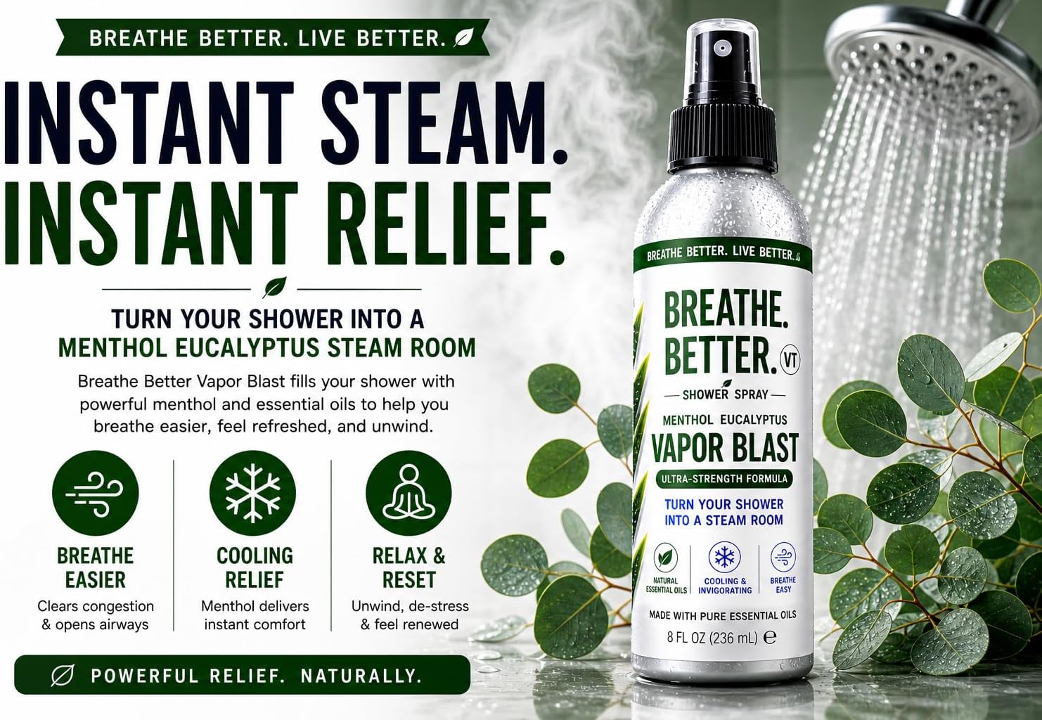 Vapor Blast - Menthol Eucalyptus Shower Steam Spray – Aromatherapy Mist – 4 oz
