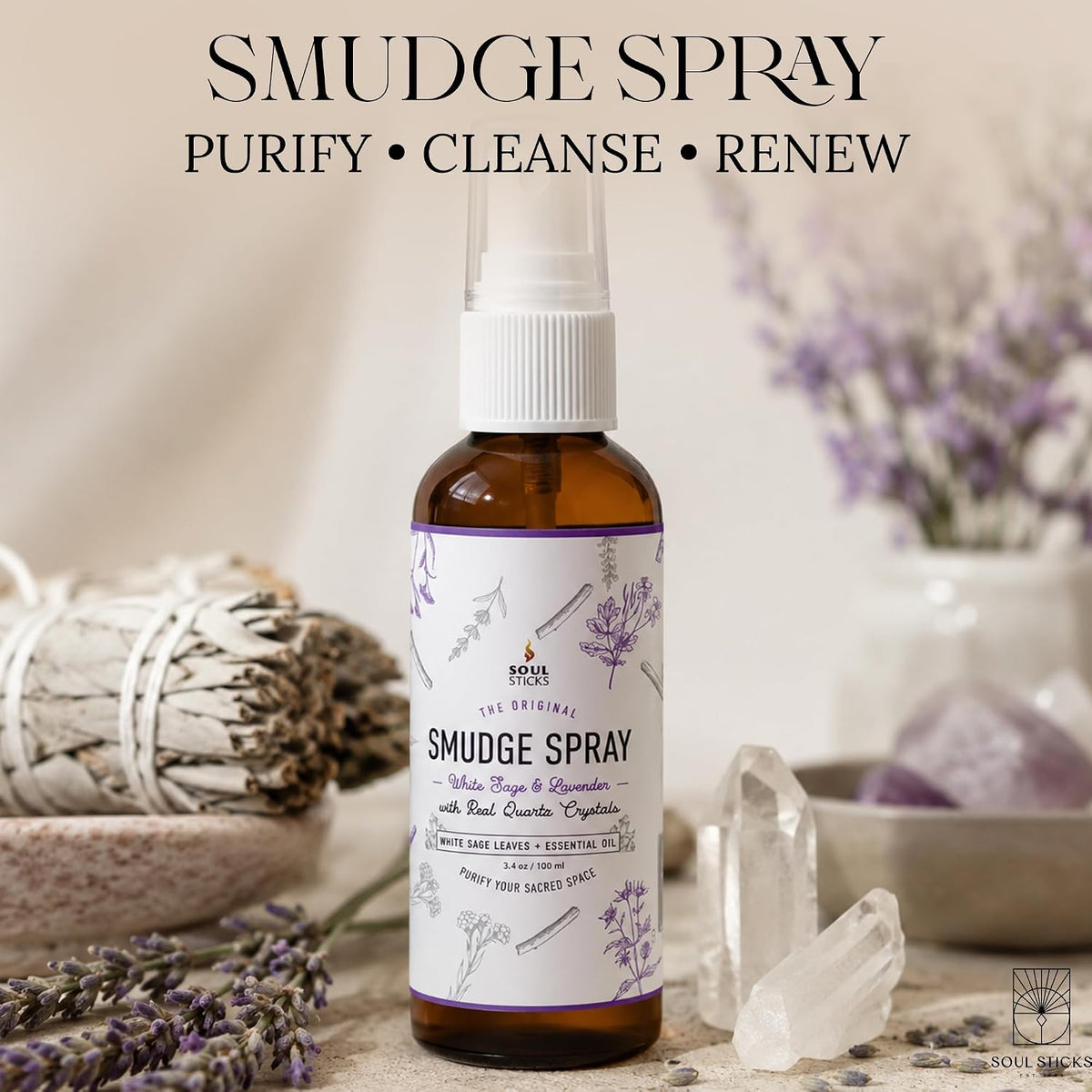 SOUL STICKS White Sage &amp; Lavender Smudge Spray – 3.5oz Smokeless Mist with Quartz Crystals – Calming Essential Oil Spray for Sleep, Stress Relief, Meditation, and Energy Cleansing