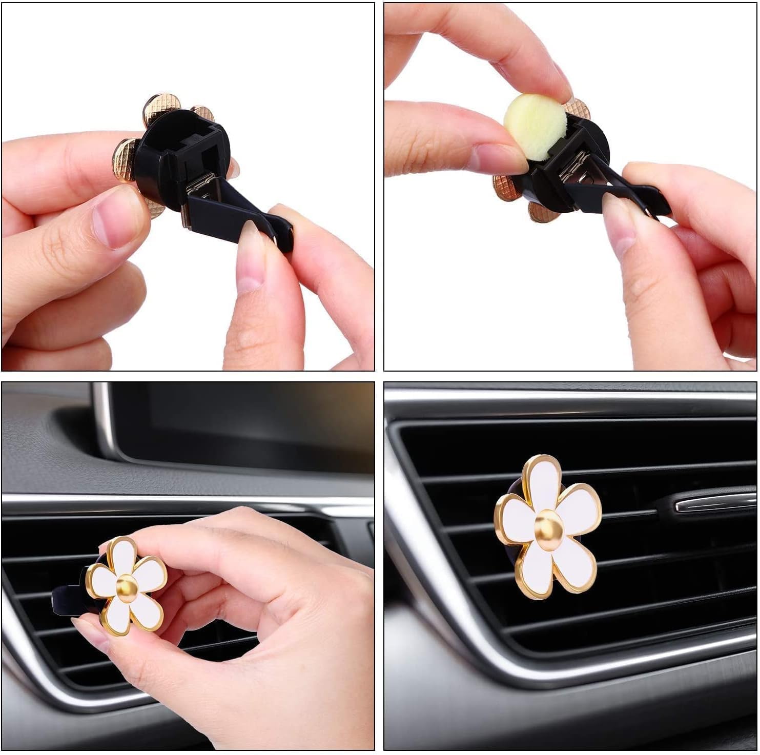 4PCS Car Air Vent Clips with Fragrance Pads, Cute Flower Car Air Fresheners Vents Clips Diamond Vent Clip Auto Interior Decor Charm Bling Auto Accessories Decoration for Women (White)