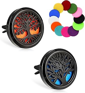2 PCS 30mm Car Diffuser Vent Clips, Tree of Life Aromatherapy Essential Oil Diffuser Car Clip with 12 Felt Pads, Removable Stainless Steel Air Freshener Lockets for Women Men (Black)