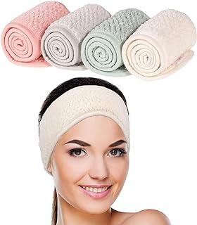 Whaline 4 Pack Spa Facial Headband, Pea Green, Pink, Beige, Light Gray | Makeup Hair Wrap, Adjustable Hair Band, Soft Towel Head Band, for Face Washing, Shower Sports Yoga