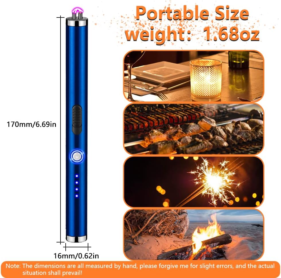 Candle Lighter Rechargeable Dual Arc Plasma Lighter for Kitchen, Windproof Long Lighter with LED Power Display, USB Lighters for Candle, BBQs, Fireworks, Camping (Blue)