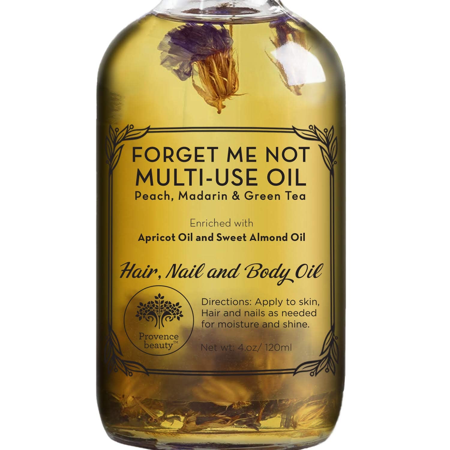 BEAUTE DE PROVENCE Multi-Use Oil for Face, Body and Hair - Forget Me Not - Organic Blend of Apricot, Vitamin E and Sweet Almond Oil Moisturizer for Dry Skin, Scalp and Nails - 4 Fl Oz