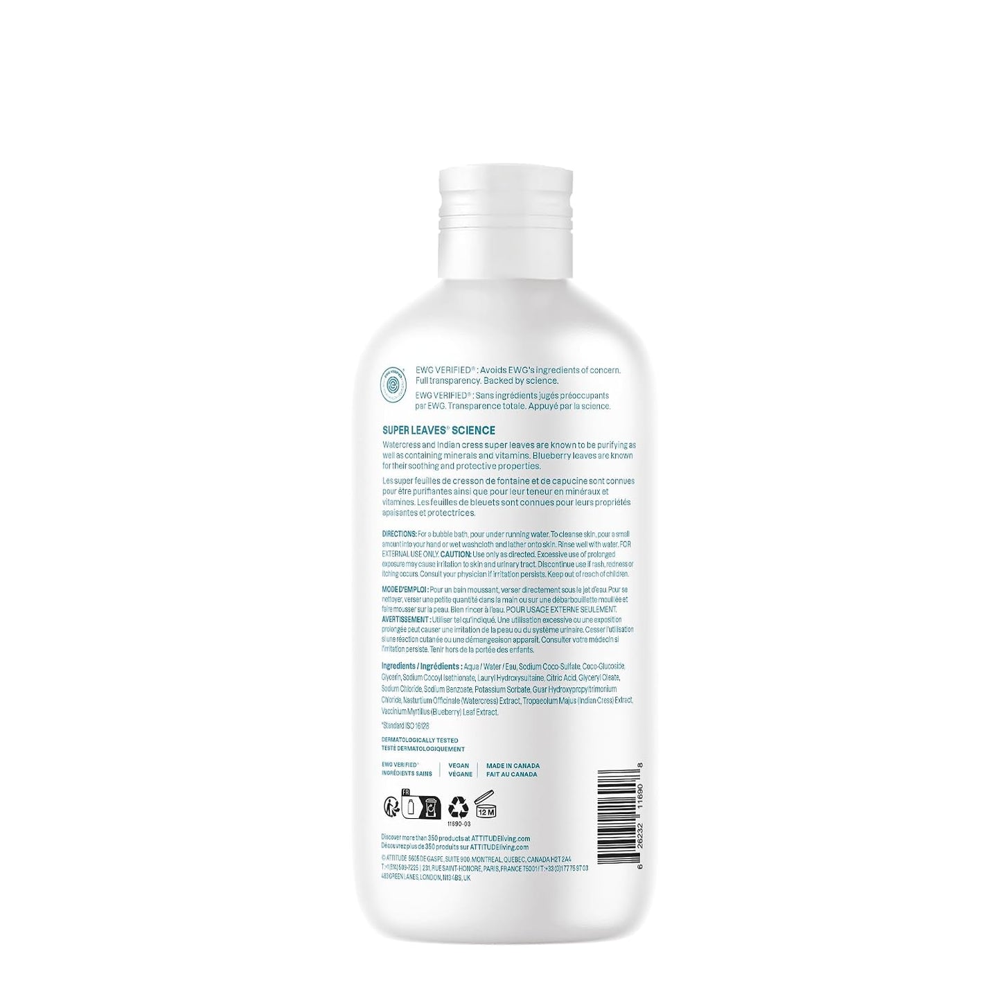 Attitude Bubble Bath, EWG Verified, Plant and Mineral-Based, Dermatologically Tested, Vegan Body Care Products, Extra Gentle, Unscented, 16 Fl Oz