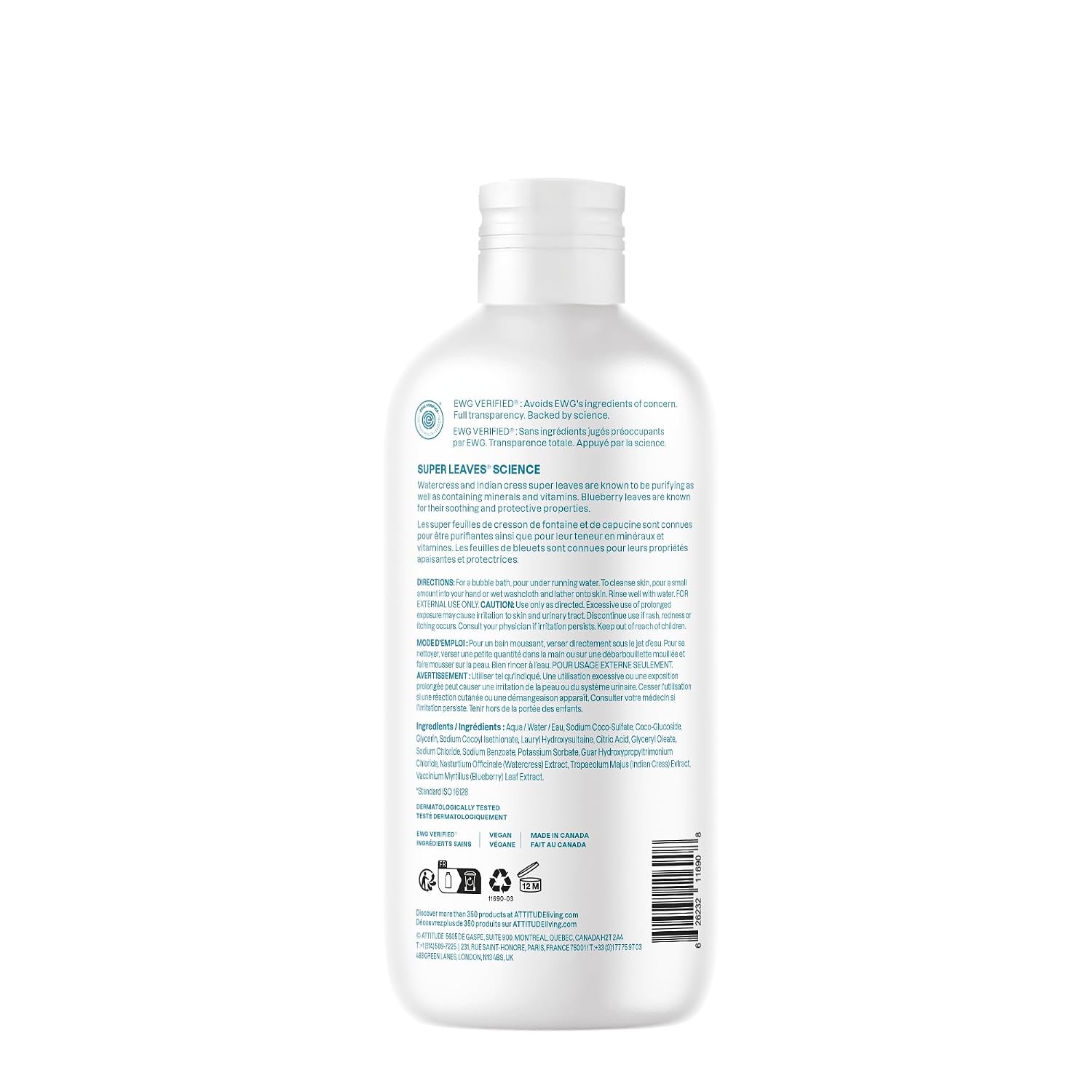 Attitude Bubble Bath, EWG Verified, Plant and Mineral-Based, Dermatologically Tested, Vegan Body Care Products, Extra Gentle, Unscented, 16 Fl Oz