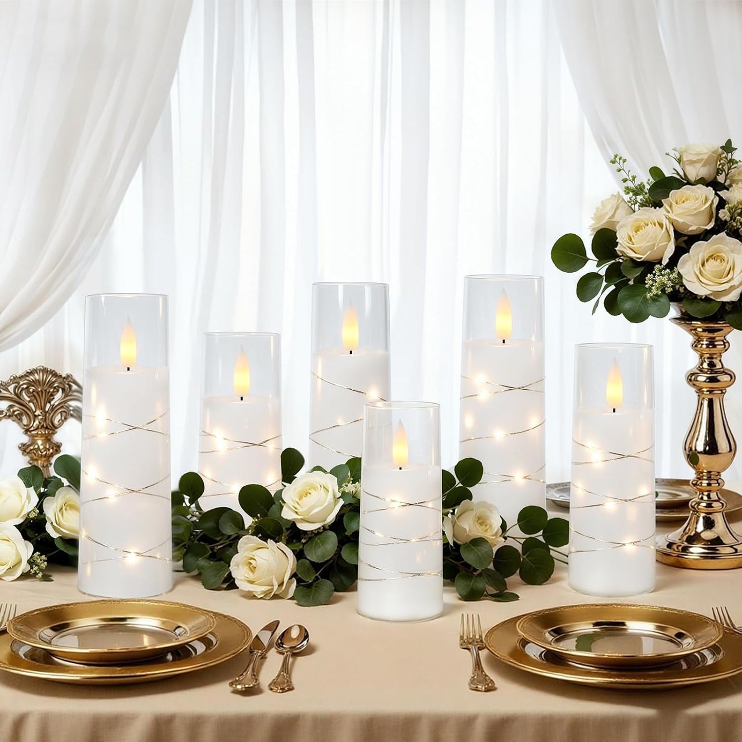 Raycare Flameless Candle with Remote Timer 7 Flickering Acrylic Battery Operated LED Pillar Candles with Embedded Star String for Christmas, Wedding, Home Table Decor, and as a Gift(White)