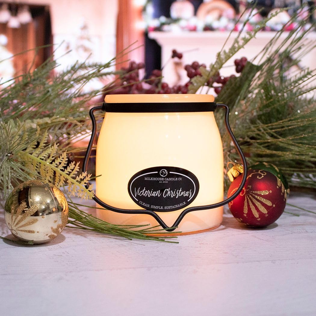 Milkhouse Candle Company Victorian Christmas Soy Candle - Pine | Holiday Spices | Eucalyptus Scented - 16 oz Butter Jar with Lid, 65+ Hour Burn Time, Made in the USA