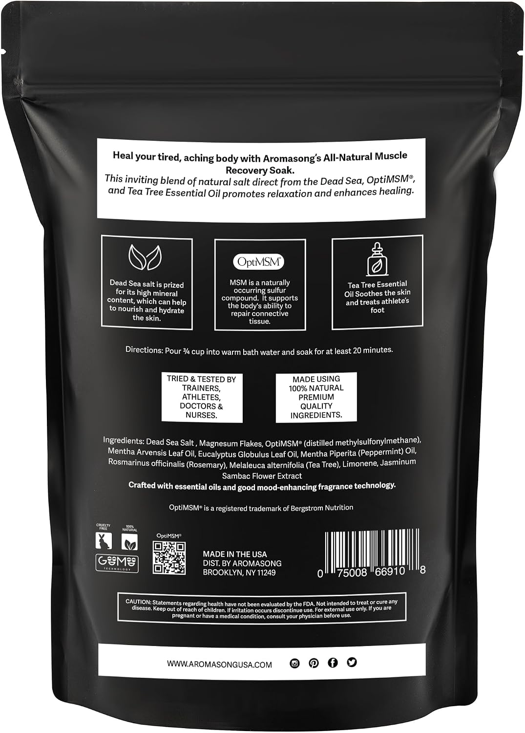 Aromasong Muscle Recovery Bath Soak 3 LB - Natural Bath Salt with Dead Sea Salt, Pure MSM, Magnesium Flakes & Essential Oils for Post Workout Soreness - Made in USA