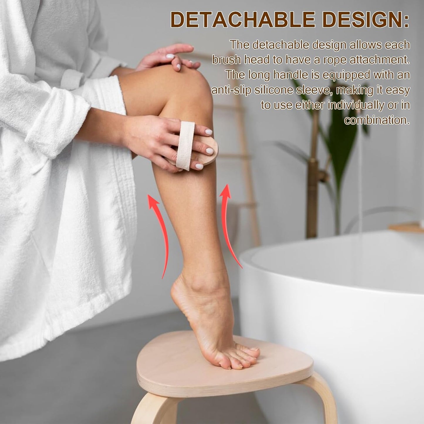 DEBETOOL Dry Brushing Set - Natural Boar Bristle Body & Face Brush, Wooden Long Handle Scrub Brush for Cellulite & Lymphatic Drainage Body Care, Detachable, 3 Brush Heads