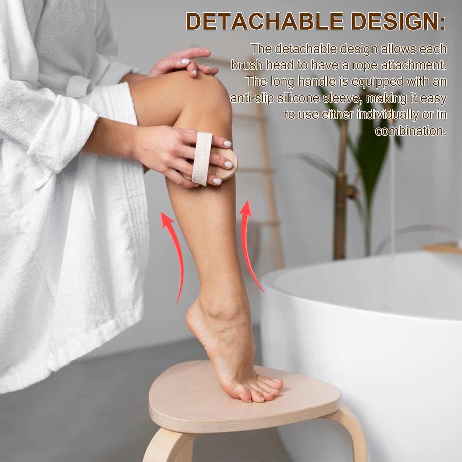 DEBETOOL Dry Brushing Set - Natural Boar Bristle Body & Face Brush, Wooden Long Handle Scrub Brush for Cellulite & Lymphatic Drainage Body Care, Detachable, 3 Brush Heads