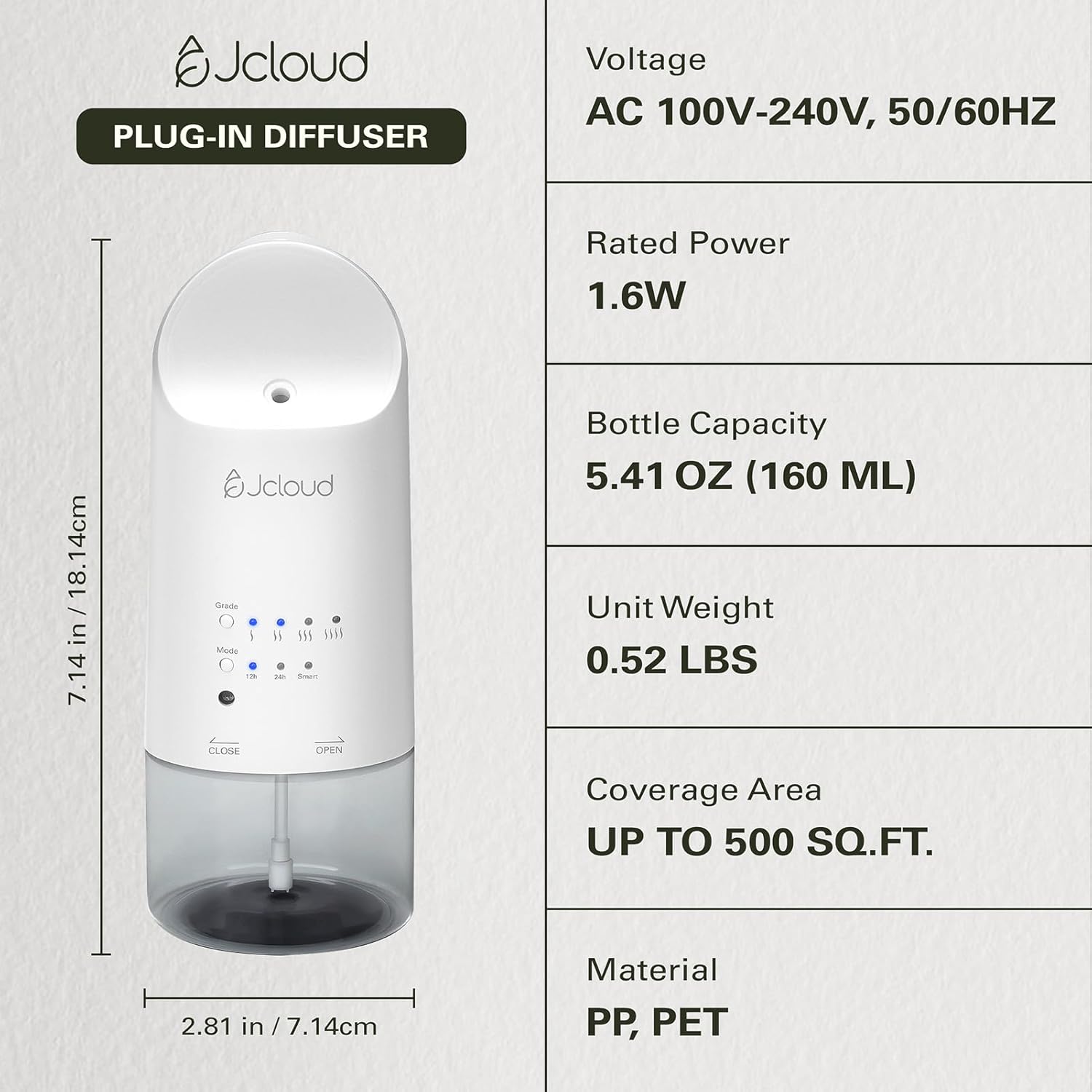 JCLOUD Plug in Diffuser for Essential Oils, Waterless Scent Diffuser Cover Up to 500 Sq. Ft. for Home, Office, Spa – Portable Smart Wall Diffuser 160ML, White