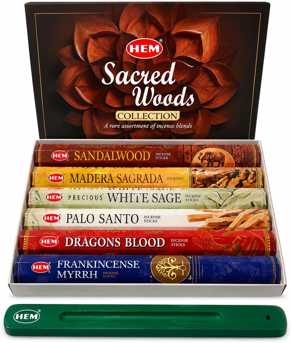 Hem Incense Sticks Assorted Sacred Woods Pack (6 Sets x 20 Sticks) with Incense Stick Holder 120 Sticks Total | Sandalwood Dragons Blood Palo Santo White Sage Frankincense Myrrh