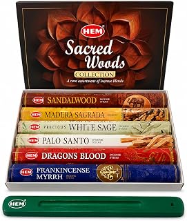 Hem Incense Sticks Assorted Sacred Woods Pack (6 Sets x 20 Sticks) with Incense Stick Holder 120 Sticks Total | Sandalwood Dragons Blood Palo Santo White Sage Frankincense Myrrh