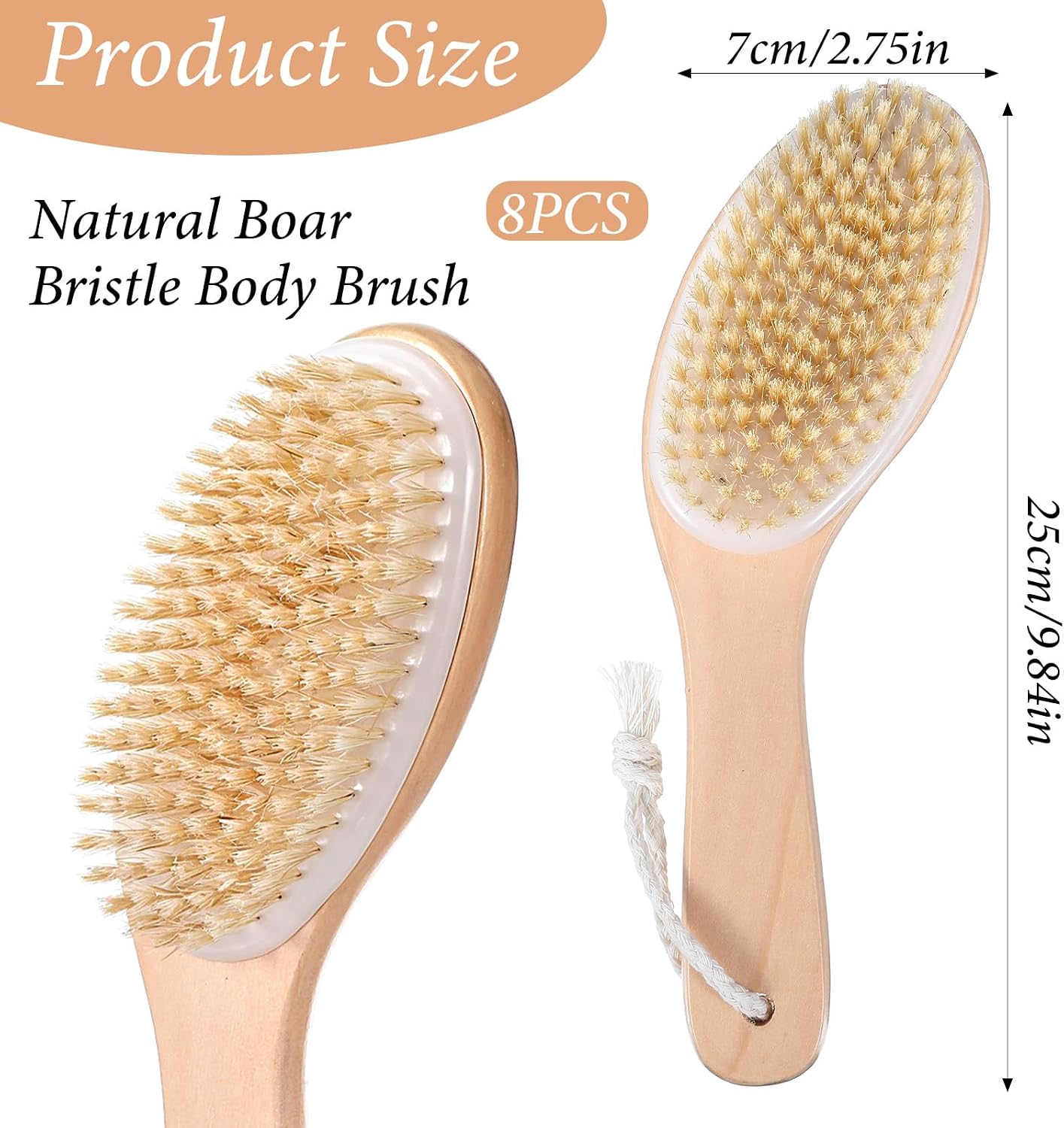 8 Pcs Dry Brushing Body Brush, Body Scrub Brush Natural Boar Bristle with Contoured Wooden Handle for Back Legs Feet Exfoliates Dead Skin