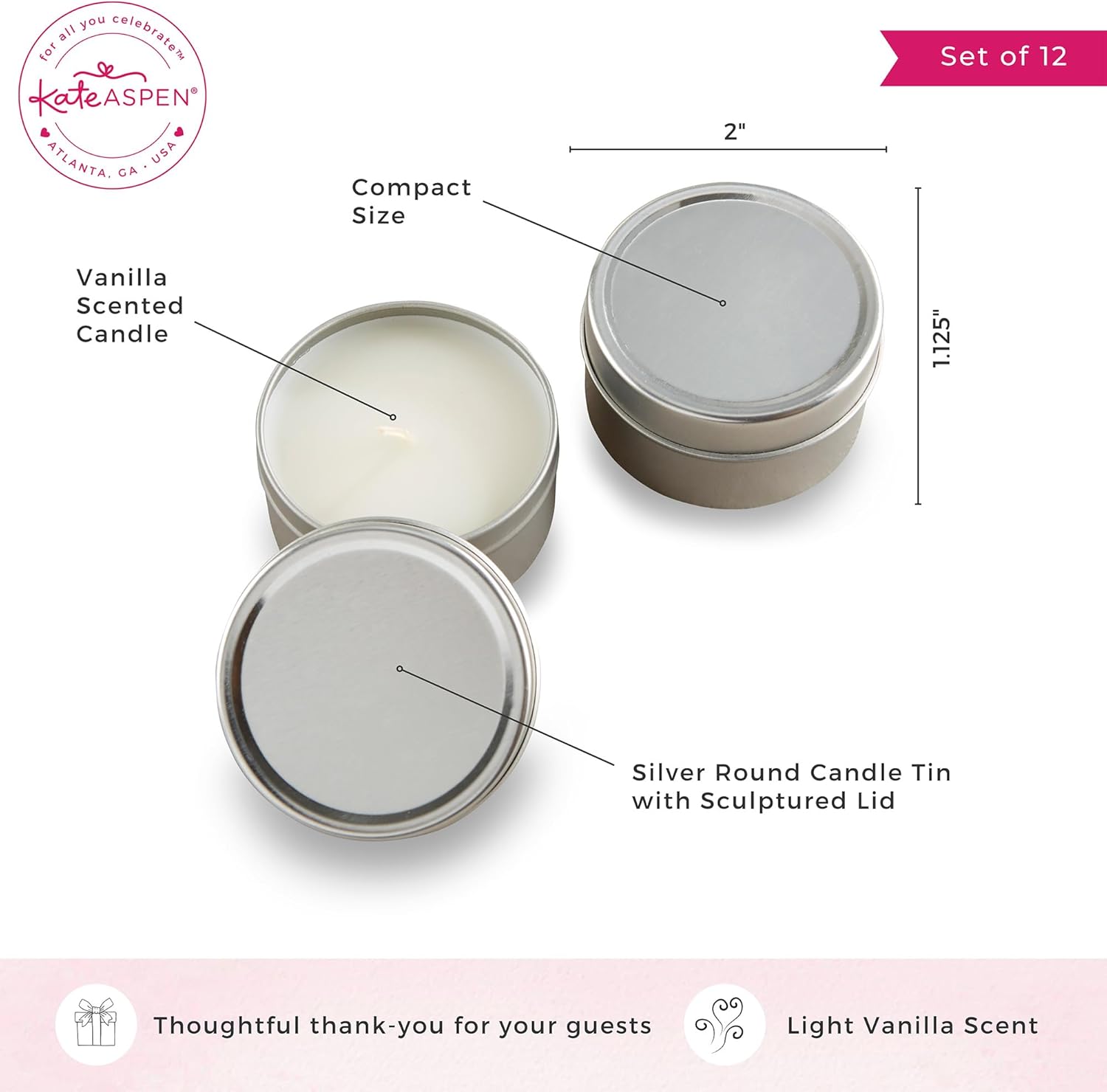 Kate Aspen Travel Size Vanilla Scented Candle Tins with Lids (Set of 12), Bridal Shower Favors, Wedding Favors, Bridesmaid Gifts,Silver,12 pcs