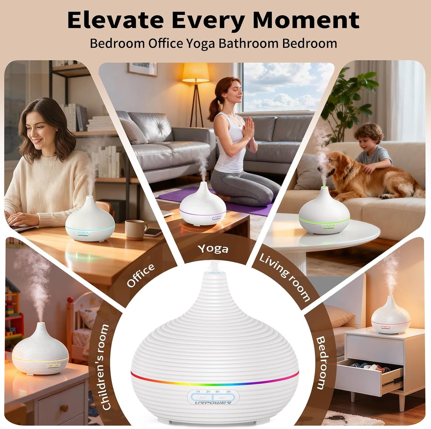 URPOWER 300ml Sleep Diffuser for Bedroom, All-Night Essential Oil Diffuser, Quiet Ultrasonic Cool Mist, Auto-Off & Timer, 7 LED Color Diffusers Humidifier for Home Office & Large Rooms