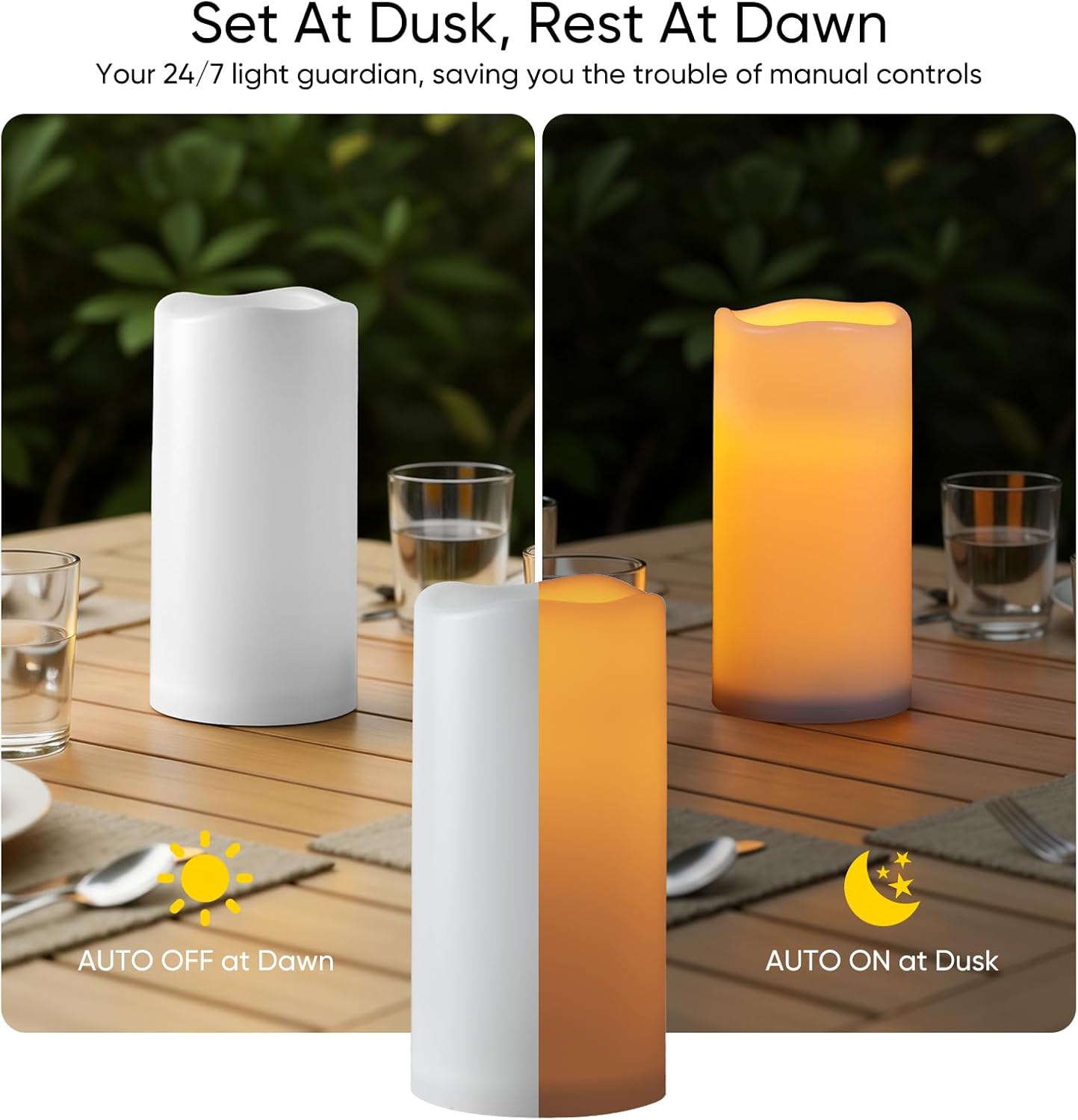 Raycare 3"x6" Outdoor Waterproof Flameless Candles-Auto Light Sensor Dusk to Dawn, 2Pcs Flickering LED Candle, Battery Operated Electric Fake Pillar Candle for Garden, Porch, Patio, Lantern Decor