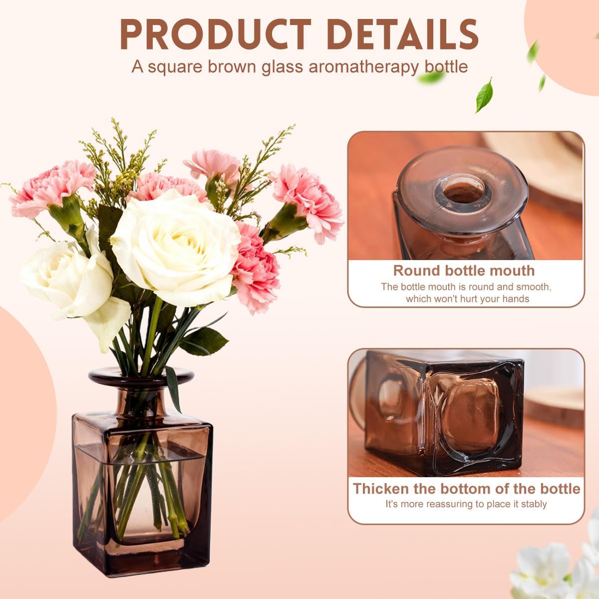150ML/5OZ Square Glass Diffuser Bottles Empty Decorative Bottle Refillable Aromatherapy Container Fragrance Accessories for Home and Office(Brown)