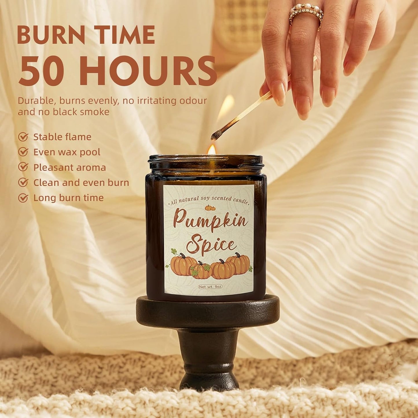 Pumpkin Spice Soy Wax Candle, Fall Seasonal Decor, 50+ Hours Burn Time, Halloween & Thanksgiving Gift, Eco-Friendly