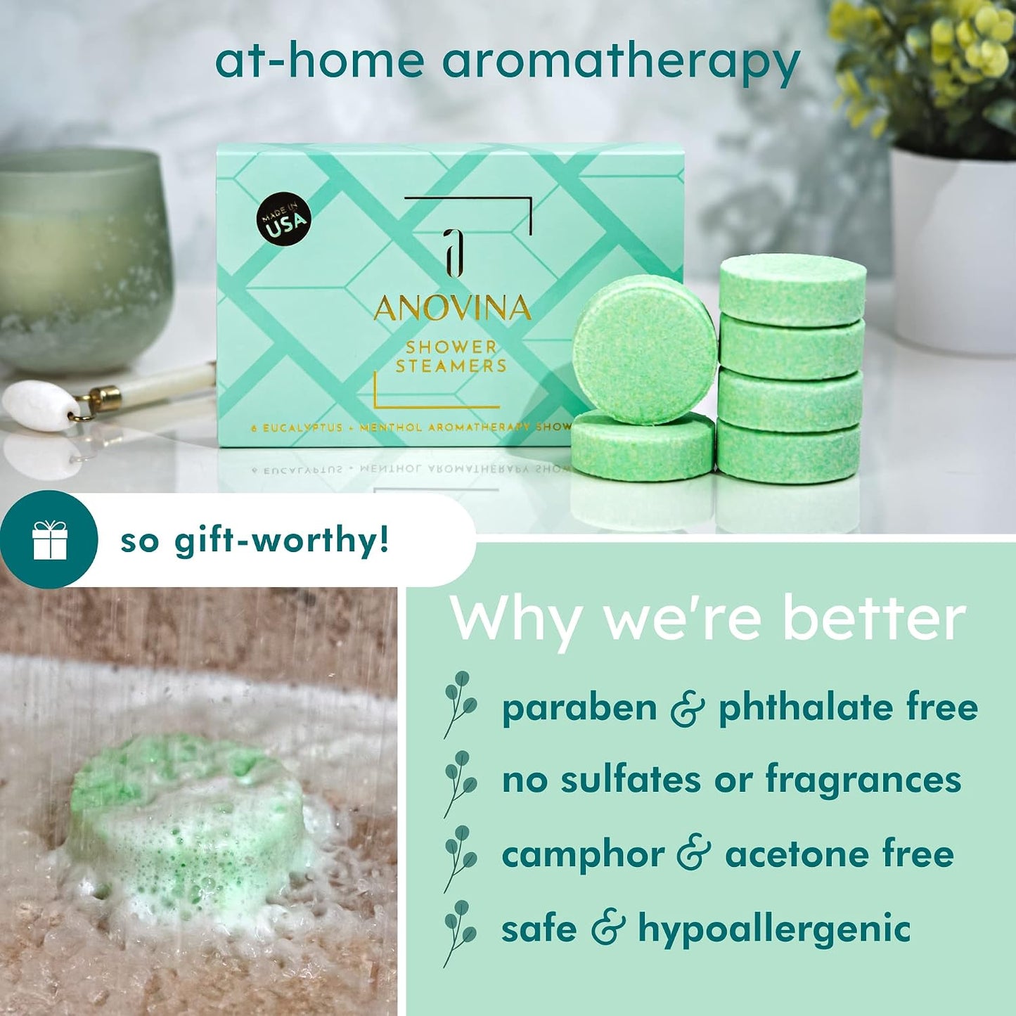 Anovina Eucalyptus & Menthol Shower Steamers – Aromatherapy Shower Tablets with Soothing Vapors – Made in USA – Shower Bomb Gift Set for Men & Women