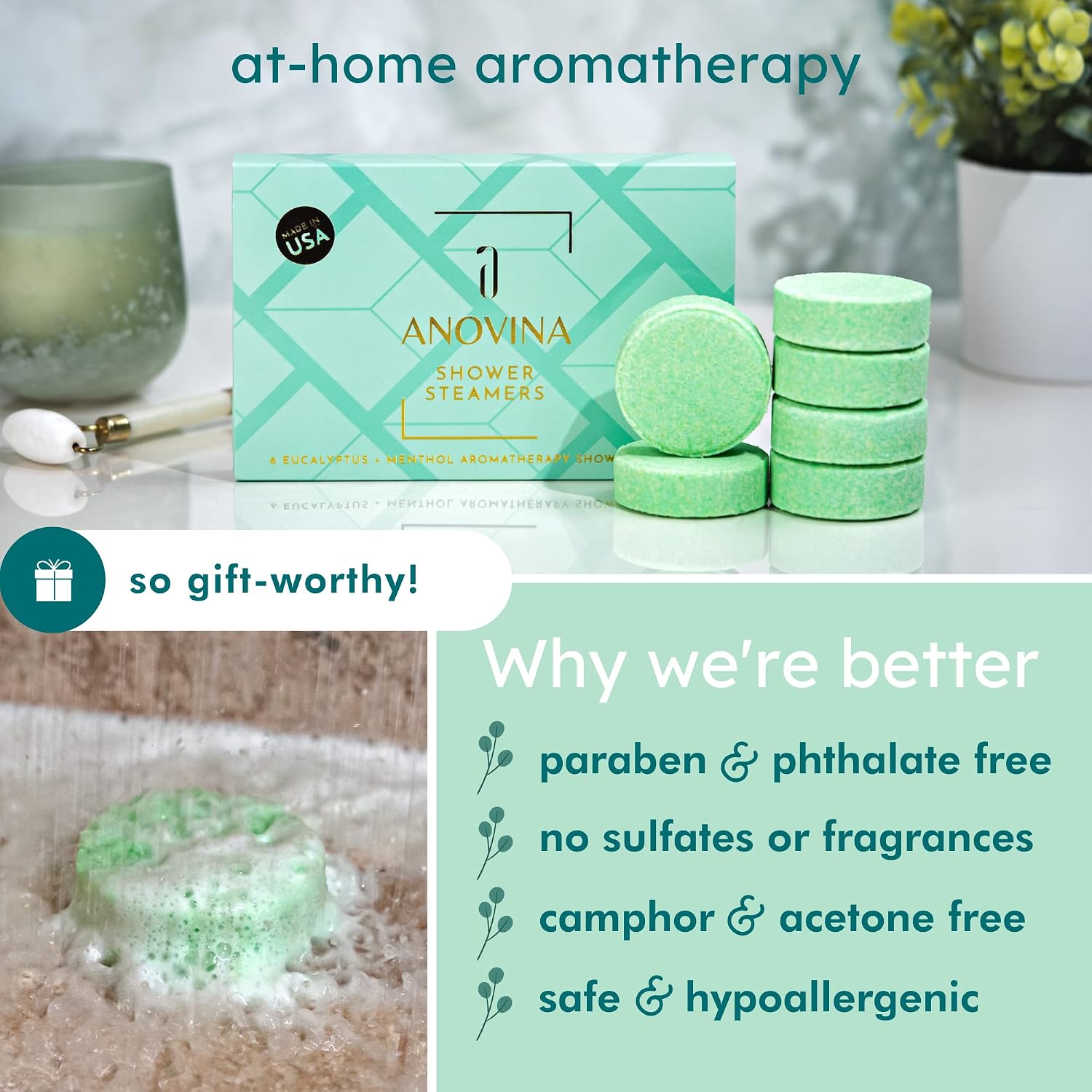 Anovina Eucalyptus & Menthol Shower Steamers – Aromatherapy Shower Tablets with Soothing Vapors – Made in USA – Shower Bomb Gift Set for Men & Women