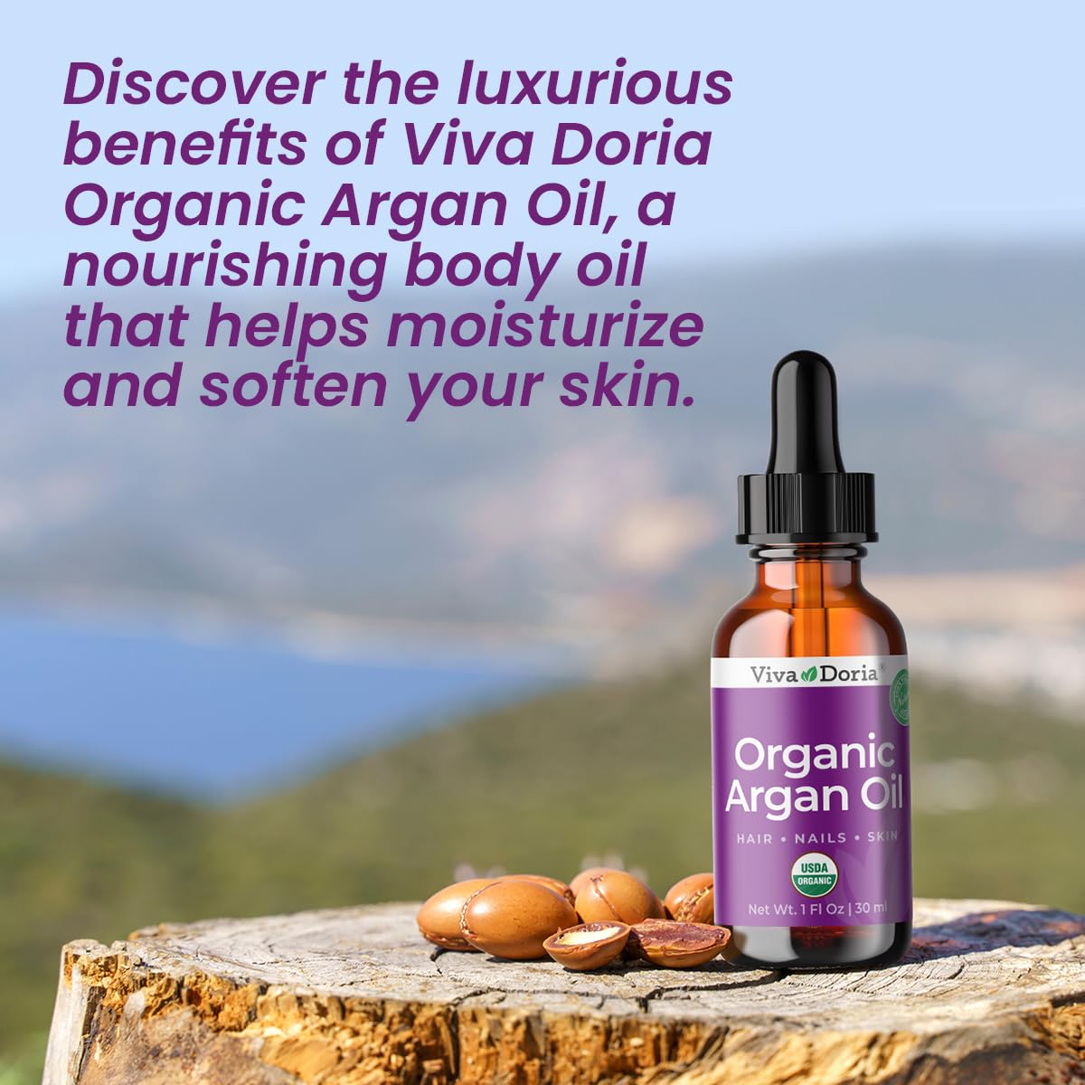 Viva Doria Organic Argan Oil, 1 Fl Oz, Pure Cold Pressed Natural Beauty Oil for Face, Hair, Body, Unscented