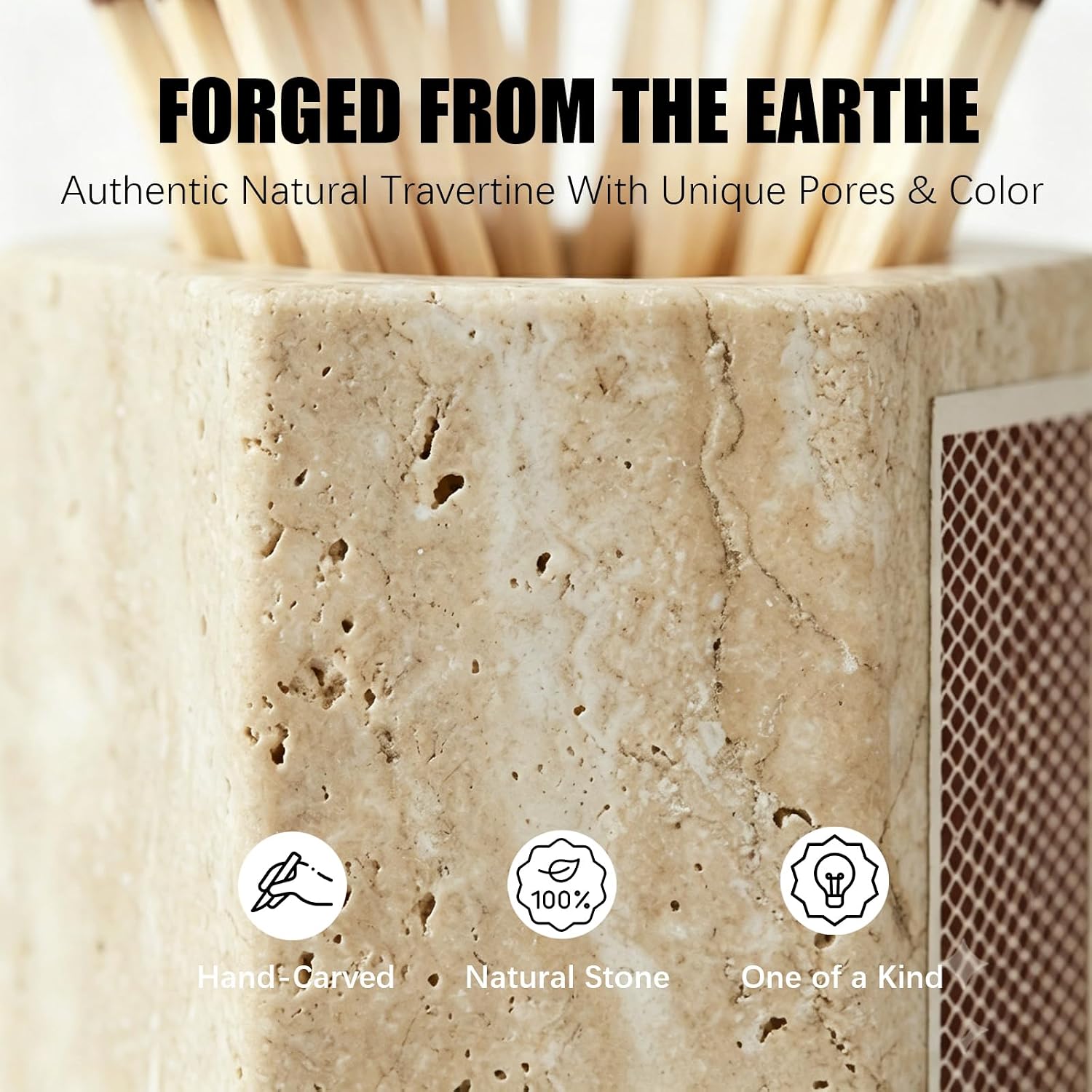 Hexagonal Travertine Match Holder with Striker, Luxury Natural Stone Matches Jar with Cork Base, Decorative Matchstick Holder for Candle & Fireplace - Unique Housewarming Gift, Matches Not Included