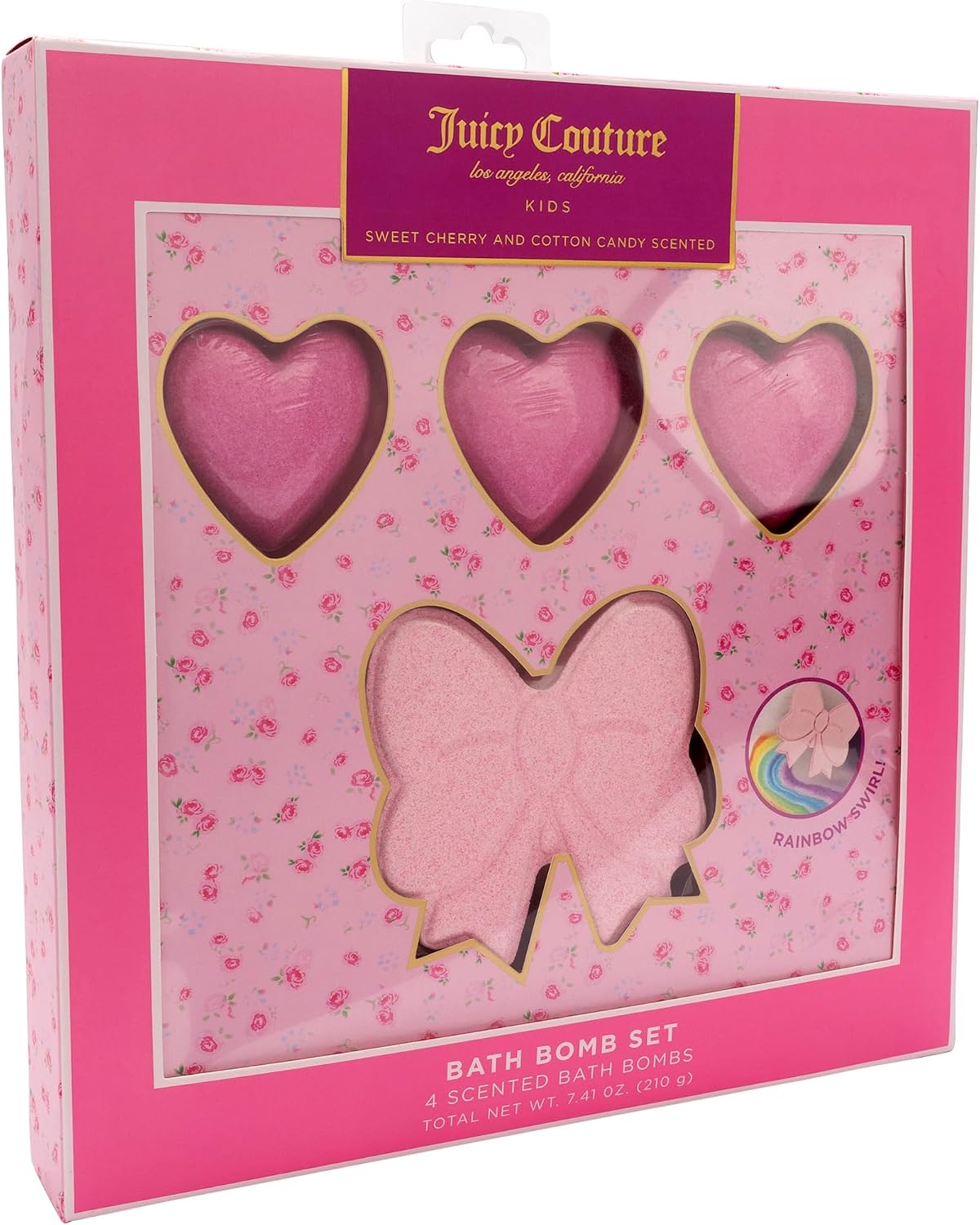 Juicy Couture Kids Scented Bath Bomb 4 Pack Set, Bow and Heart Shapes with Sweet Cherry and Cotton Candy Scent