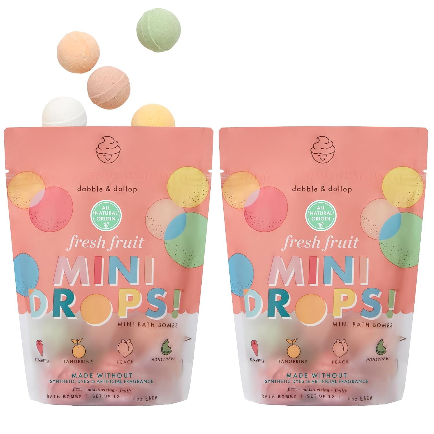 Dabble & Dollop Mini Bath Bombs, Fresh Fruit Scents - Natural Origin, Mixable Scents, Clean Ingredients, No Synthetic Dyes, Toddler & Kids Bath Bombs in Resealable Pouches (Set of 24)