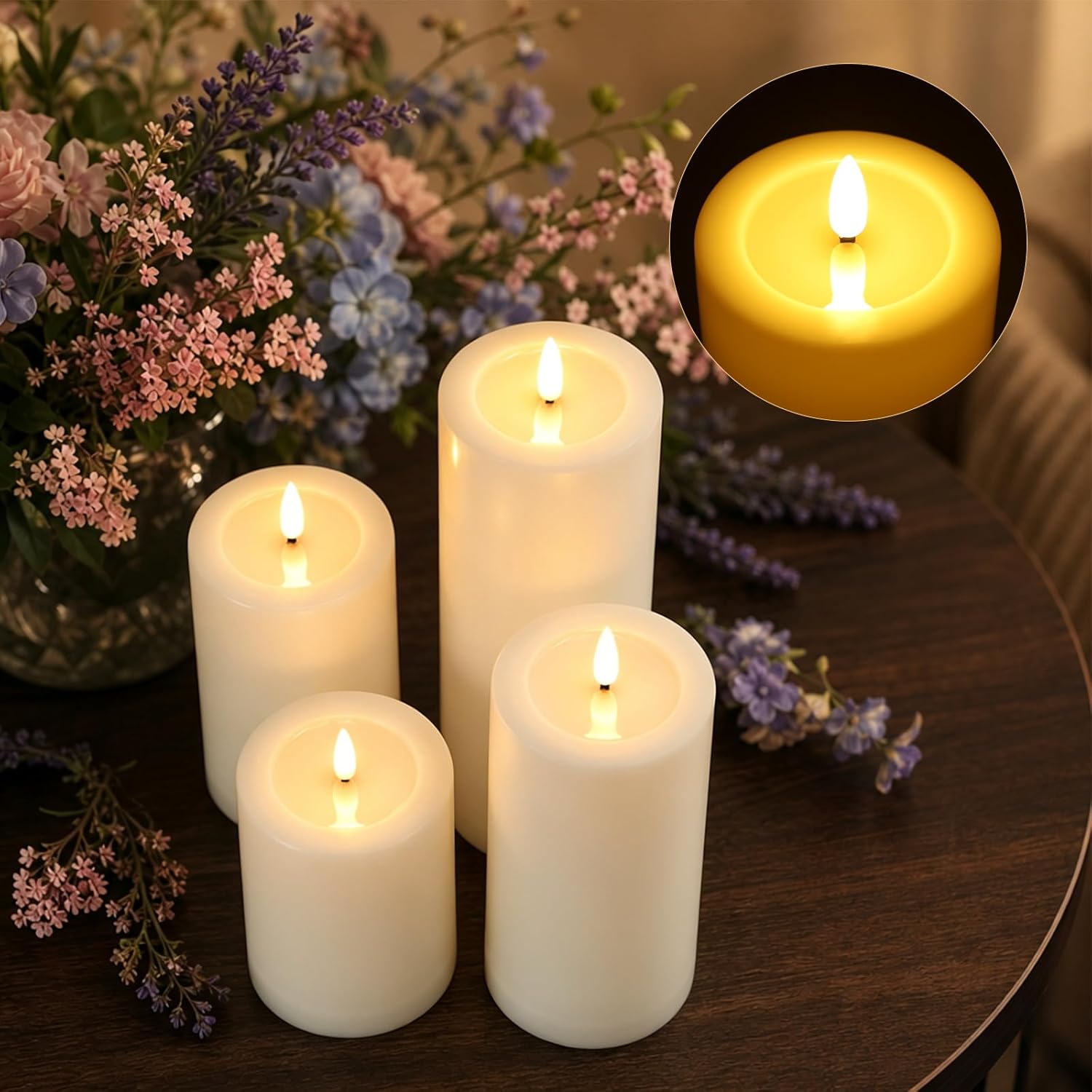 Outdoor Waterproof Flameless Candles with Remote and Timer, 4 Pack Battery Operated LED Flickering Pillar Candles, Fake Plastic Candles with Wax Effect for Lanterns, Indoor,(Ivory, 3" x4" 5" 6" 8")