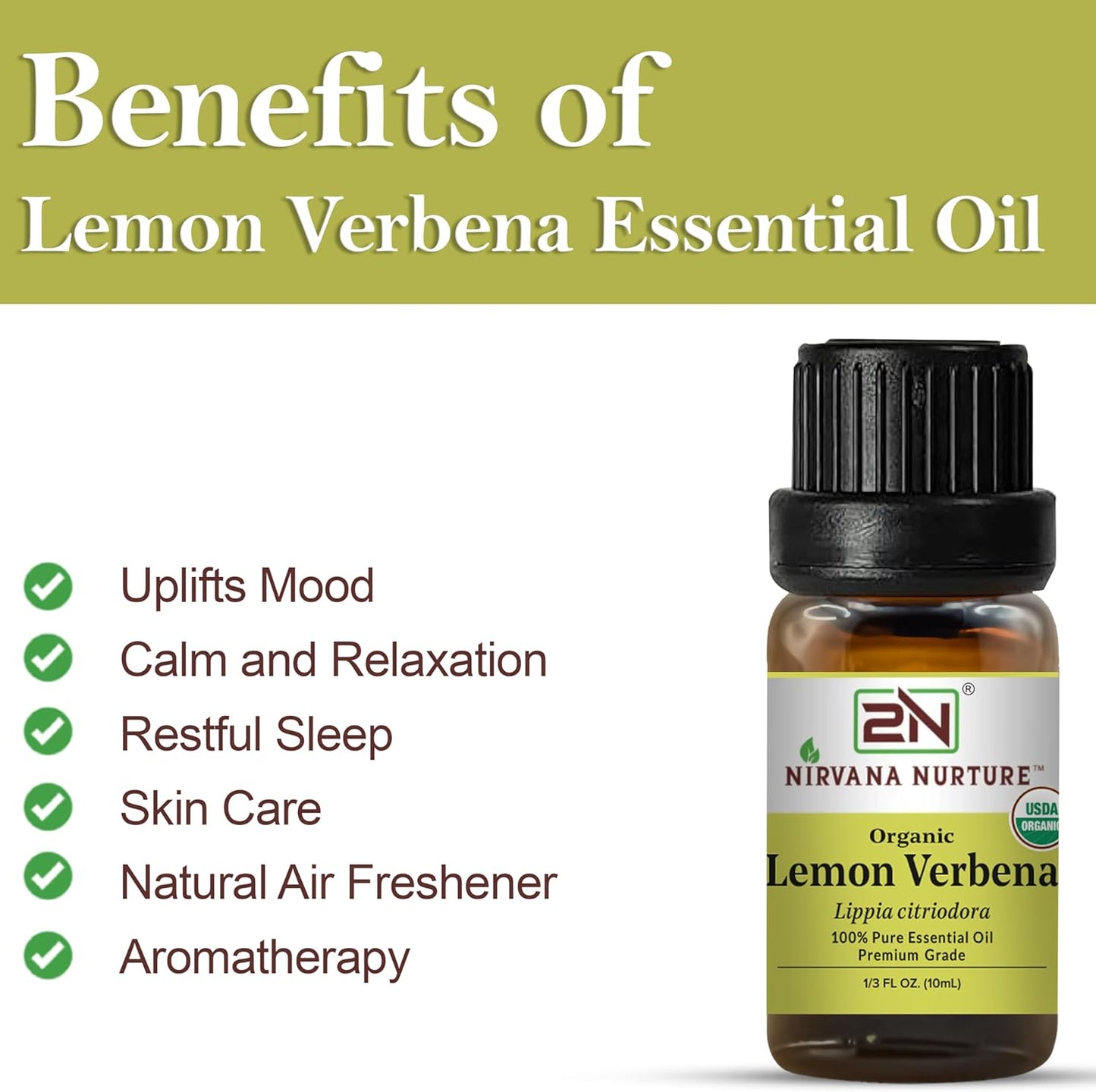 Lemon Verbena Essential Oil, USDA Certified Organic, 100% Pure Undiluted, Aromatherapy Oil for Diffuser, Hair & Skin Care