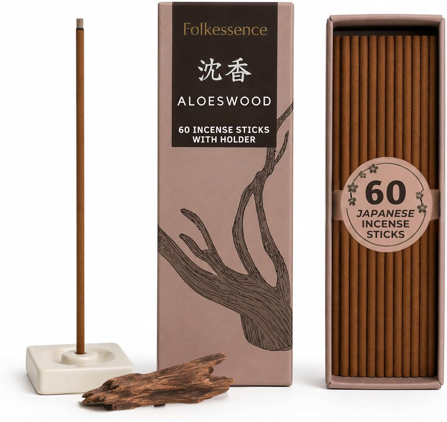 Folkulture Japanese Incense Sticks| Pack of 60 Premium Aloeswood Incense | No Charcoal, No Black Smoke |Woody Aroma for Meditation, & Relaxation| Organic, Non-Toxic Incense | Aromatherapy