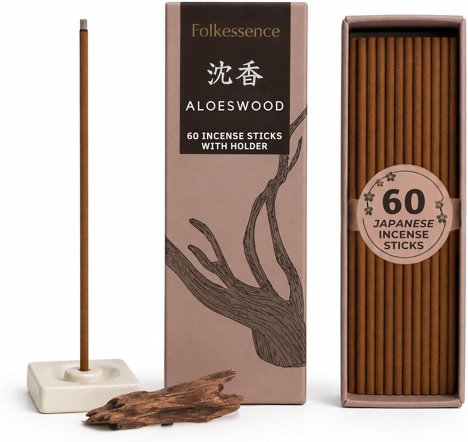 Folkulture Japanese Incense Sticks| Pack of 60 Premium Aloeswood Incense | No Charcoal, No Black Smoke |Woody Aroma for Meditation, & Relaxation| Organic, Non-Toxic Incense | Aromatherapy