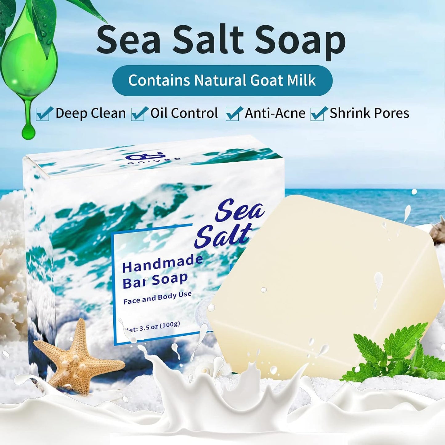 2 PK Sea Salt Soap 3.5 Oz Each, Exfoliating Acne Deeply Clean Problem Skin, Natural Goat's Milk, All Skin Types, Face Wash Body Wash Skincare, Women Men Gift
