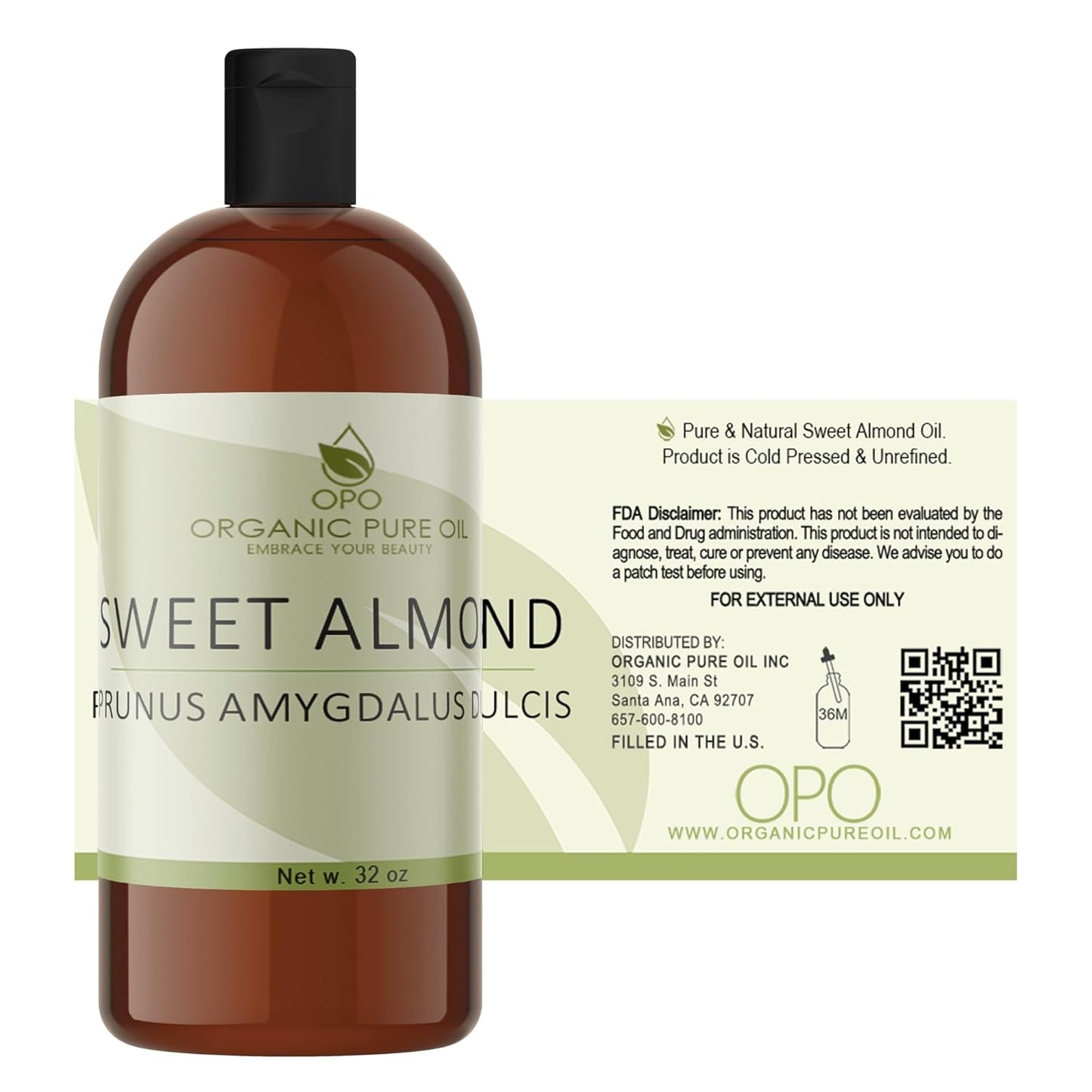 Sweet Almond - Pure & Cold Pressed, Non-GMO, Unrefined, Vegan, Extra Virgin Unrefined 32 OZ for Face Hair Skin Body Lips By Organic Pure Oil - Packaging May Vary