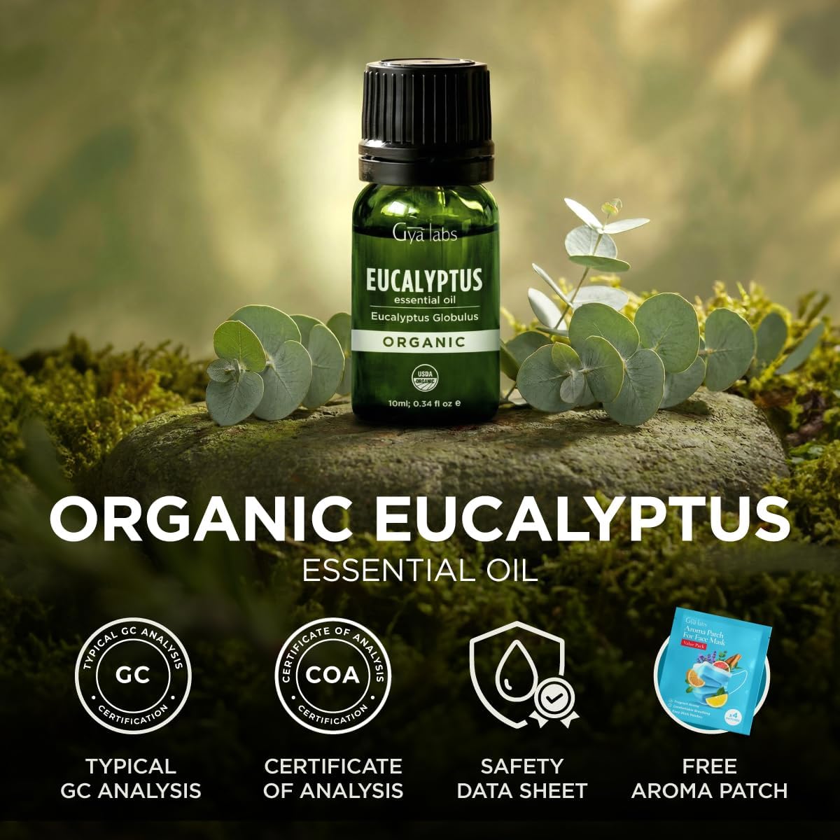 Gya Labs USDA Organic Eucalyptus Essential Oil for Diffuser & Seasonal Comfort - for Skin, Massages, Hair & Scalp Care, Aromatherapy, DIY Candle Making Scents - 0.34 Fl Oz