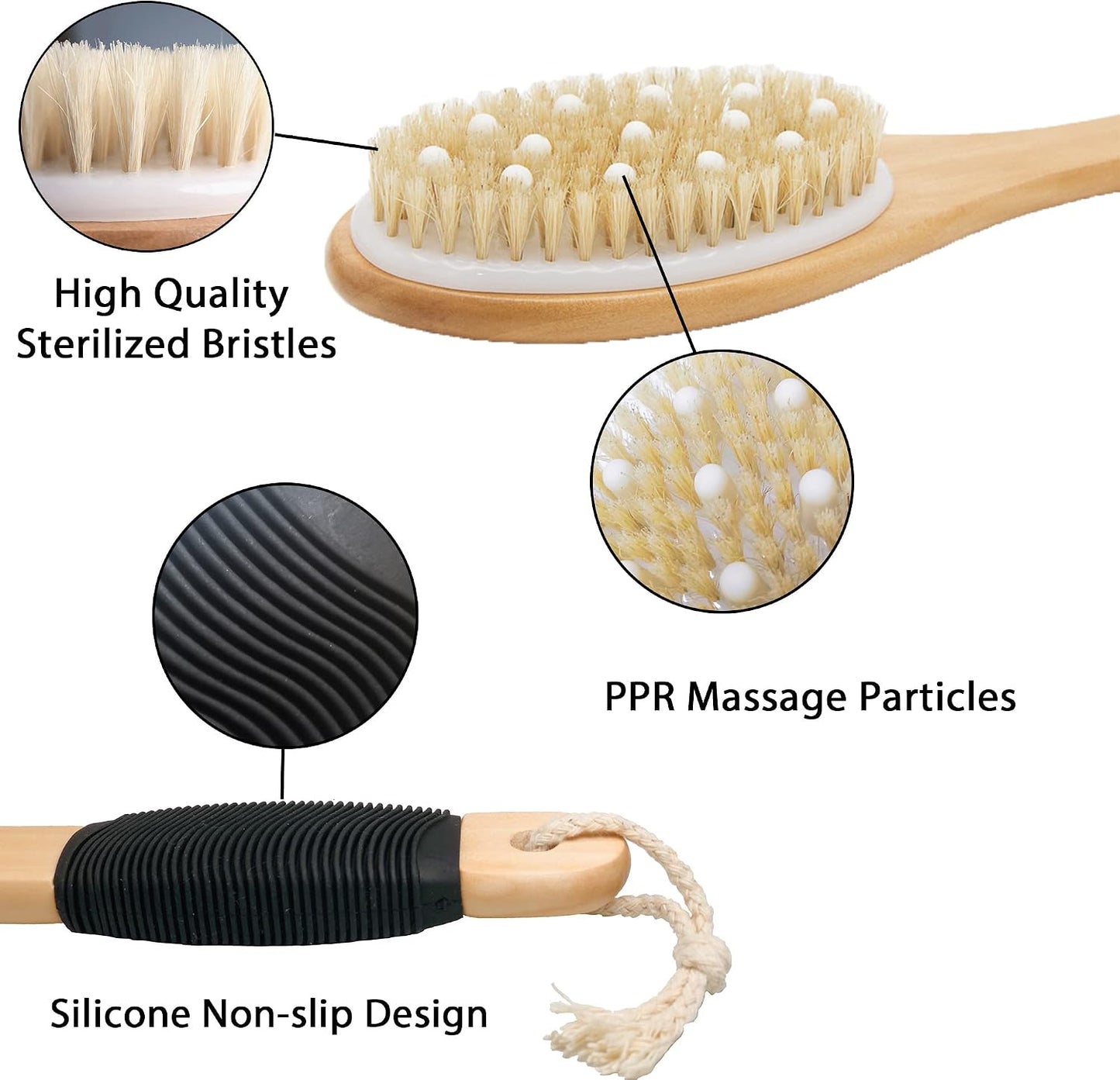 OWIIZI Bath Brush with Cellulite Massagers, Wooden Curved Long Handle Antiskid Dry Brushing Body Brush for Exfoliating, Natural Bristle Back Scrubber for Shower Use Wet or Dry for Men Women Elders