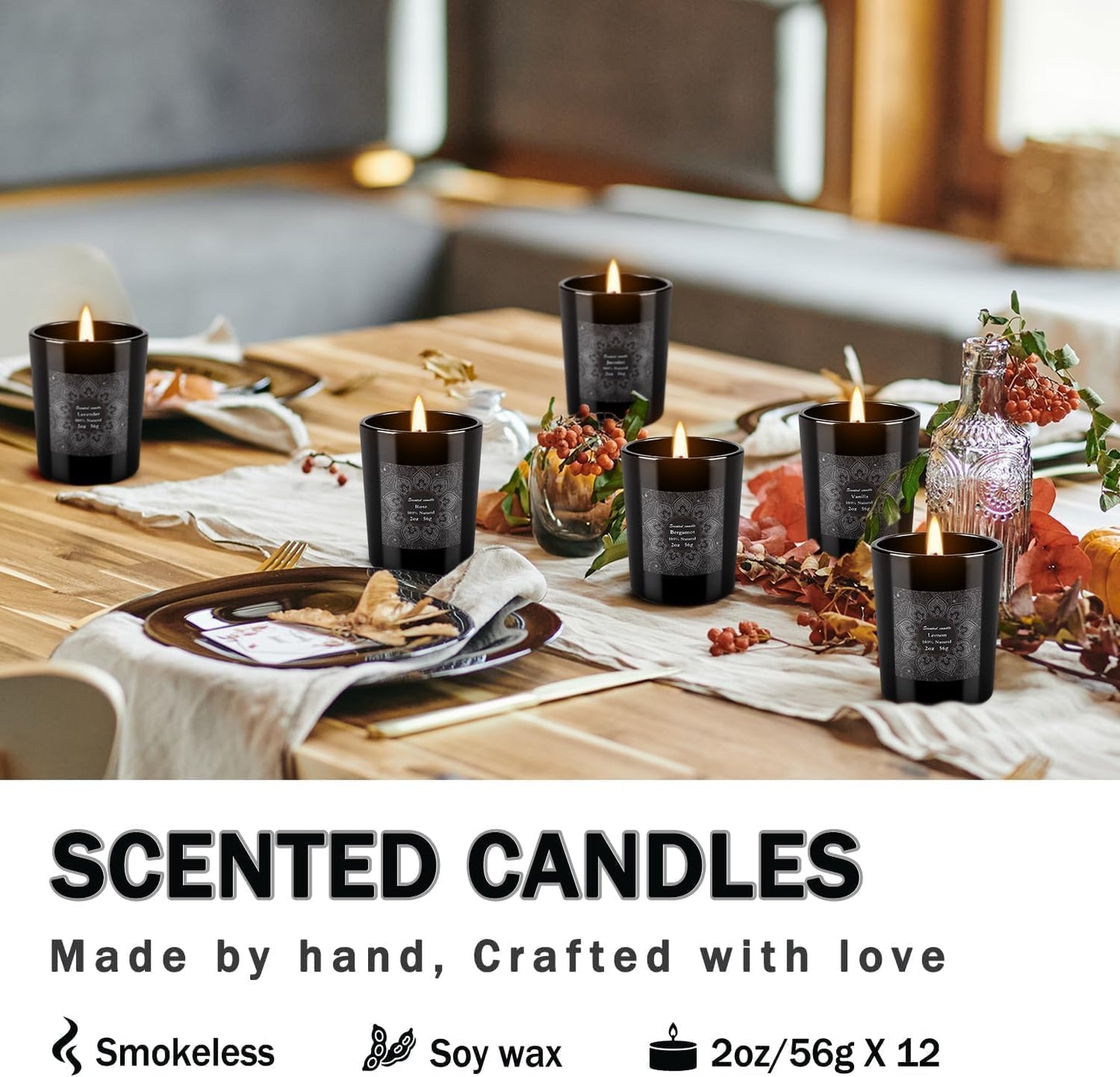 12-Pack Scented Candles Gift Set, 2oz Soy Wax Aromatherapy Candles with 6 Assorted Fragrances, Hand Poured Natural Essential Oil Jar Candles for Home Office Yoga Decor, Birthday Christmas Mother's Day