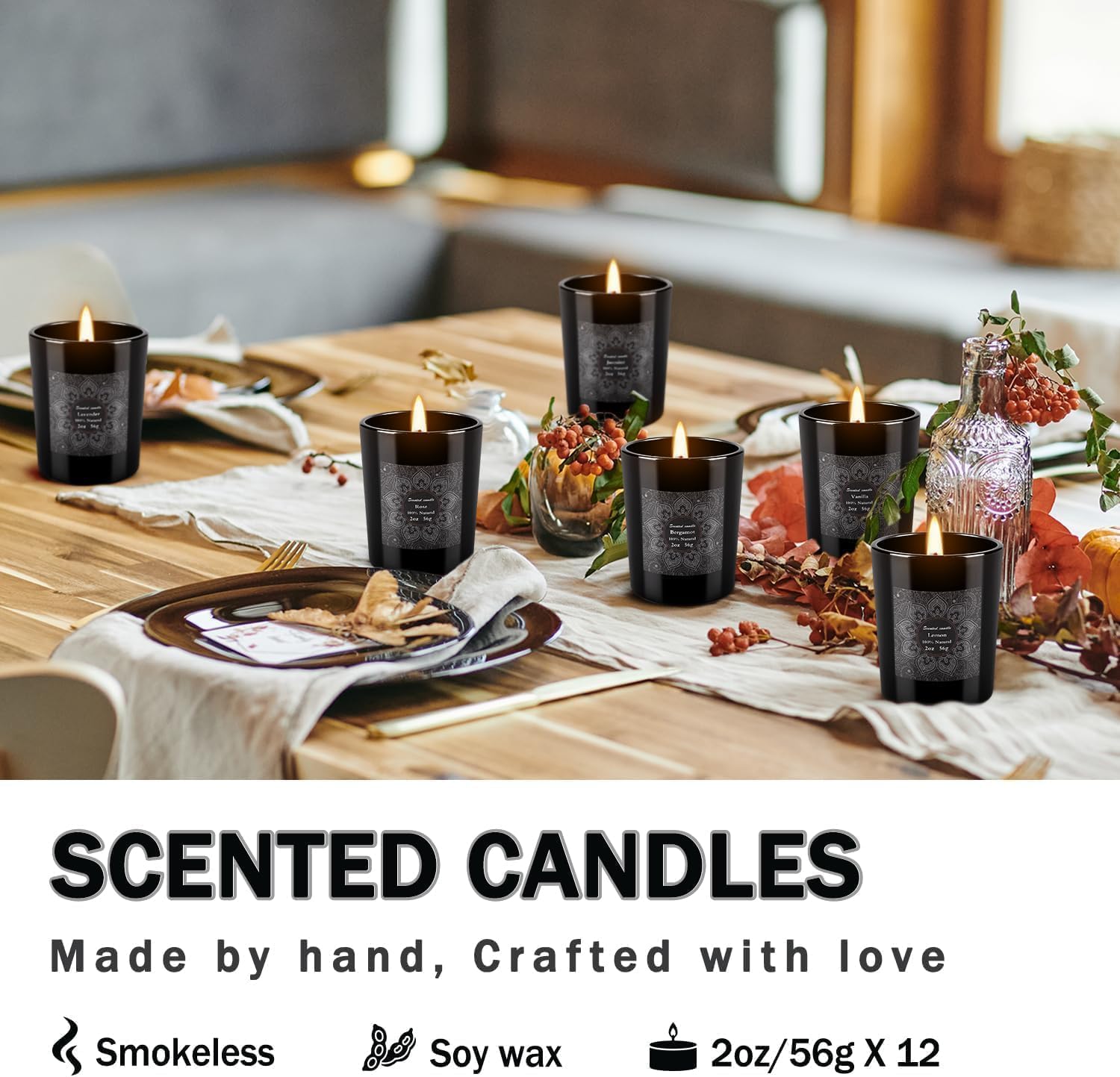 12-Pack Scented Candles Gift Set, 2oz Soy Wax Aromatherapy Candles with 6 Assorted Fragrances, Hand Poured Natural Essential Oil Jar Candles for Home Office Yoga Decor, Birthday Christmas Mother's Day