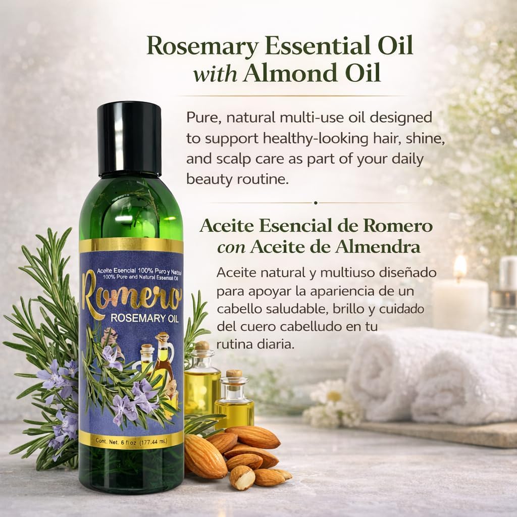Rosemary(Romero)Essential w/Almond Oil – 6 fl oz –100% Pure & Natural,Cosmetic Hair & Body,Supports Healthy-Looking Hair,Shine & Manageability – For Hair, Skin, Massage & Aromatherapy – By BexpertsUSA