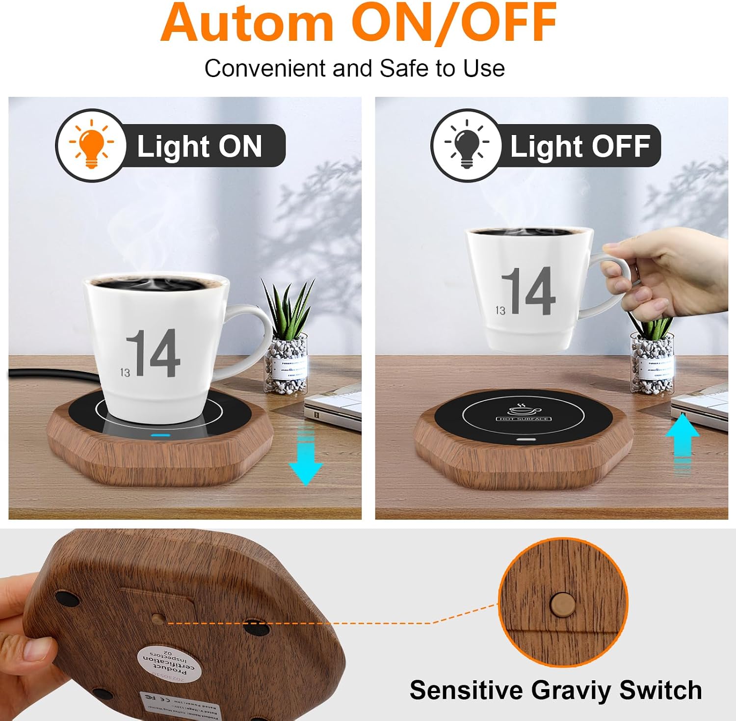 Coffee Mug Warmer: Smart Beverage Heating Plate Candle Wax Cup Warmer Electric Thermostat Coaster for Hot Coffee Milk Tea Water Cocoa Desk Home Office Use (R1 Wood Grain)