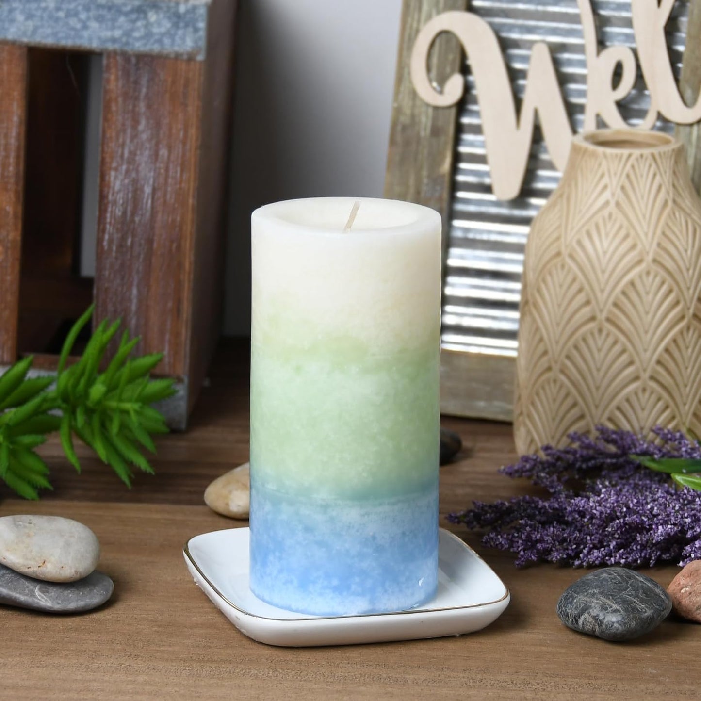 6 Inch Tritone Scented Pillar Candle - BL/GRN/WHT
