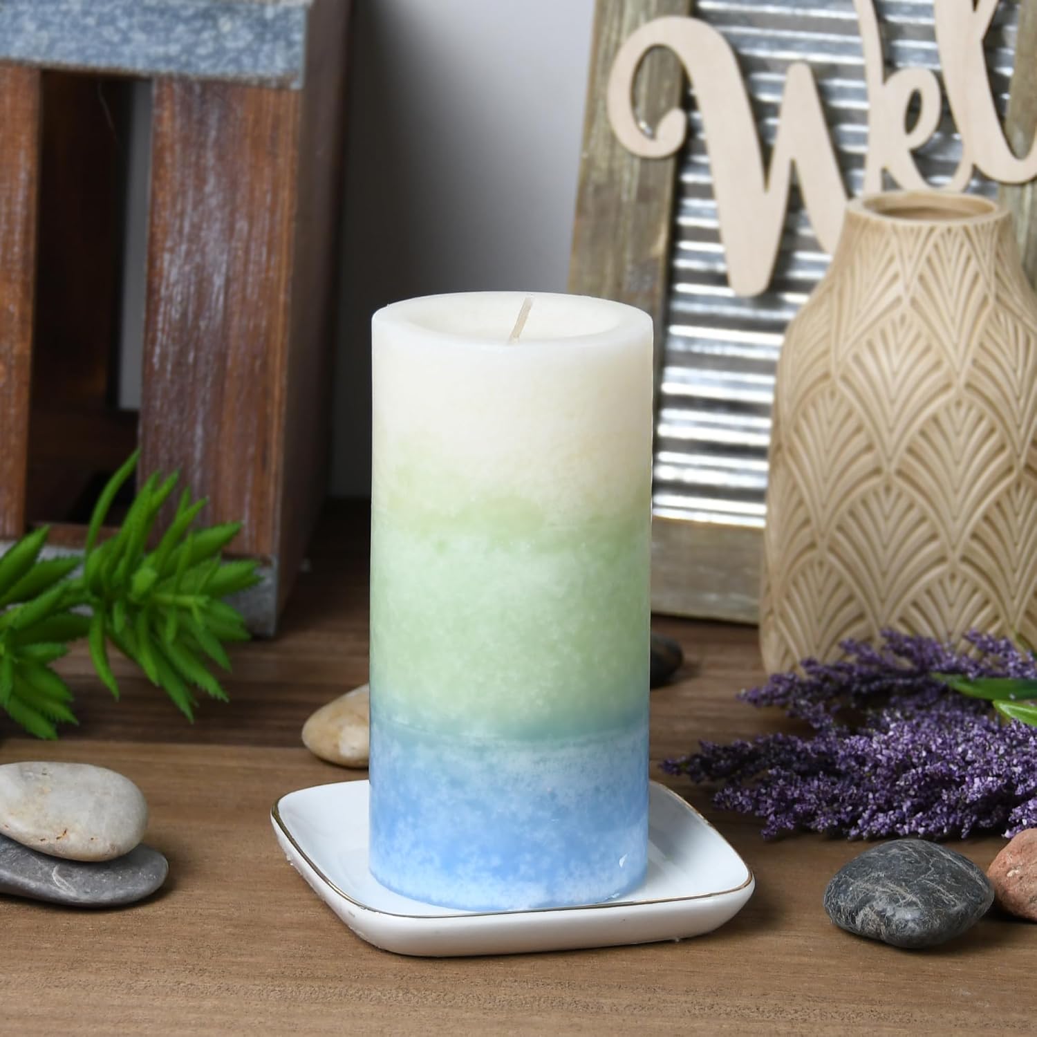 6 Inch Tritone Scented Pillar Candle - BL/GRN/WHT