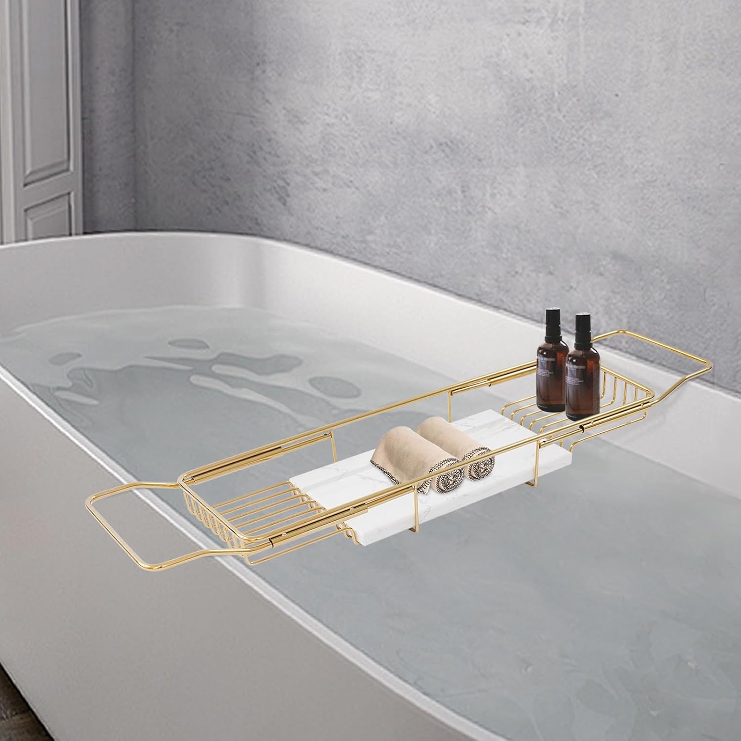 Expandable Bathtub Tray, Stainless Steel Bathtub Tray Caddy with Marble Board, Adjustable Bathtub Shelf Wide Bath Tub Tray for Spa Relaxation Bath Bombs (White+Gold)