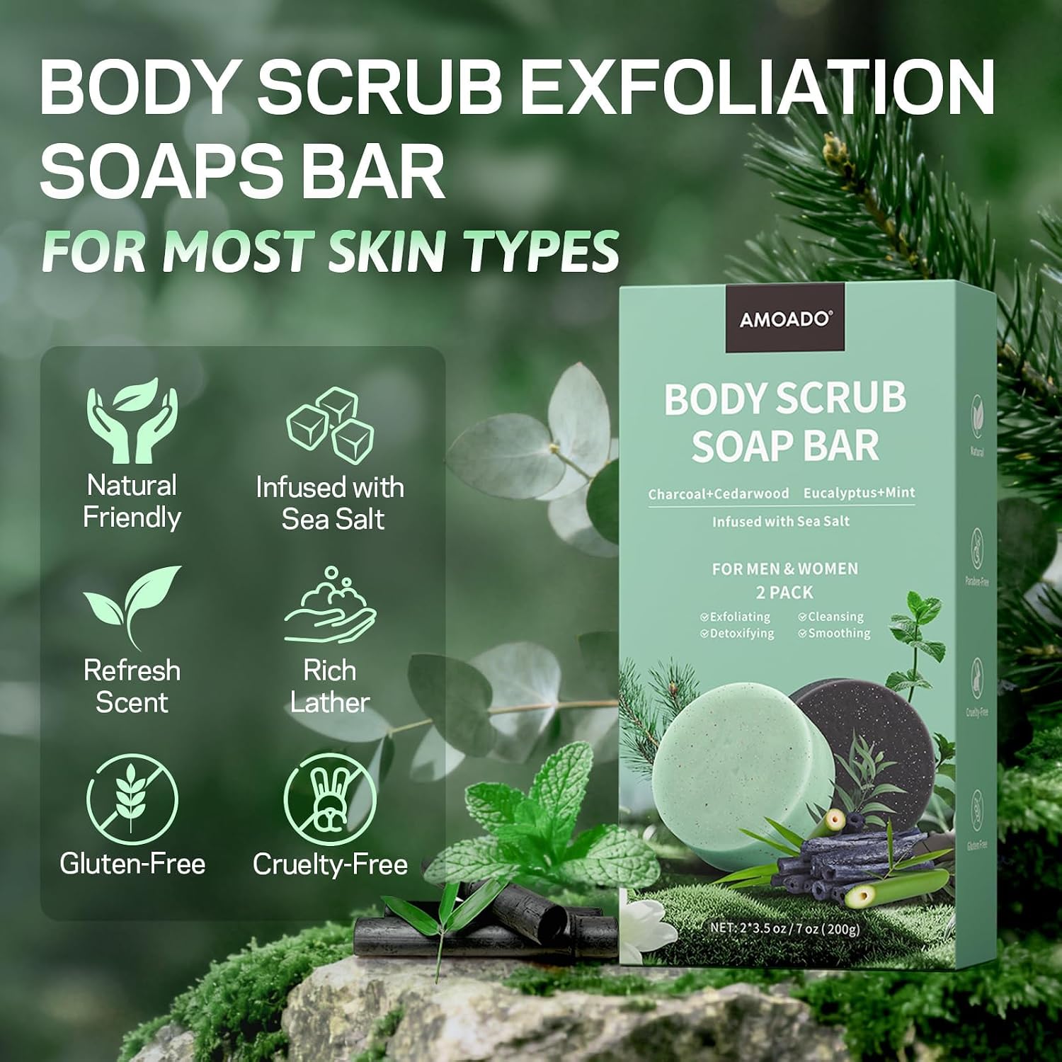 Exfoliating Body Scrub Soap Bar, 2 Pack Eucalyptus & Charcoal Soaps, Dead Sea-Salt Exfoliating Soap for Men & Women, Detox Cleansing, Smooth & Soften Skin, Soap Bars for Gifts