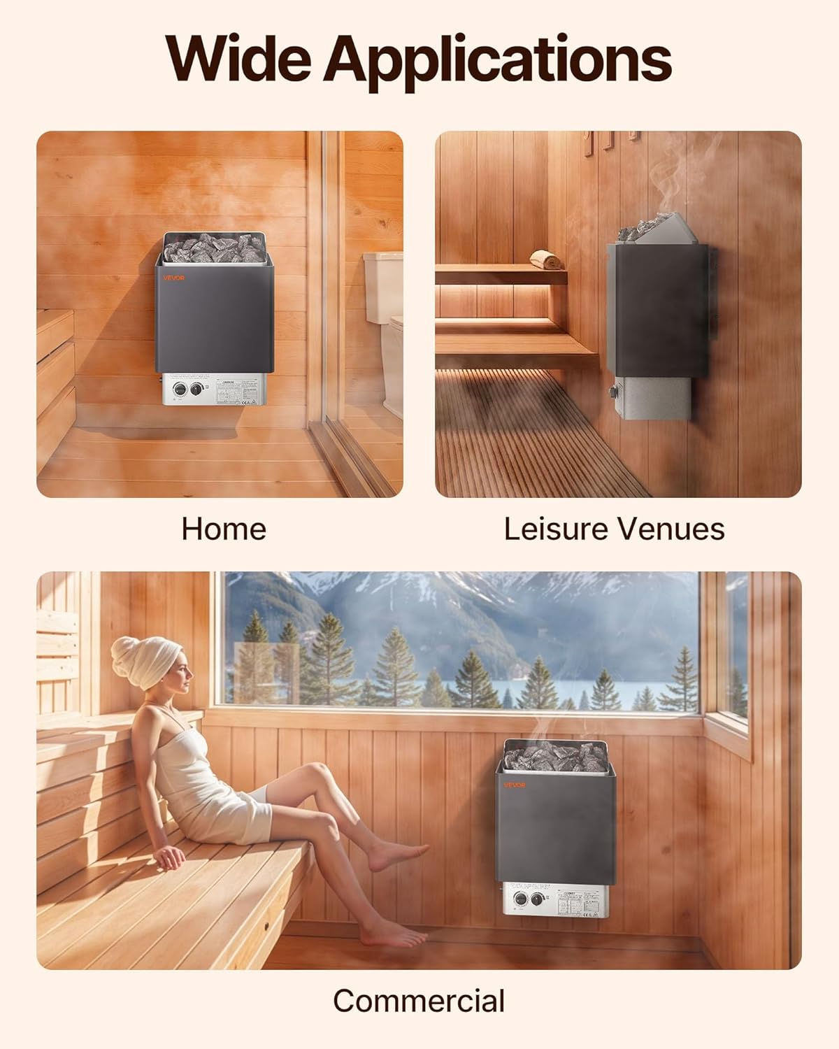 VEVOR 9KW Sauna Heater, Steam Bath Sauna Heater with Built-in Controls, Electric Sauna Stove, 3h Timer and Adjustable Temp for Max. 317-459 Cubic Feet, Home Hotel Spa Shower Use 220V FCC Certification